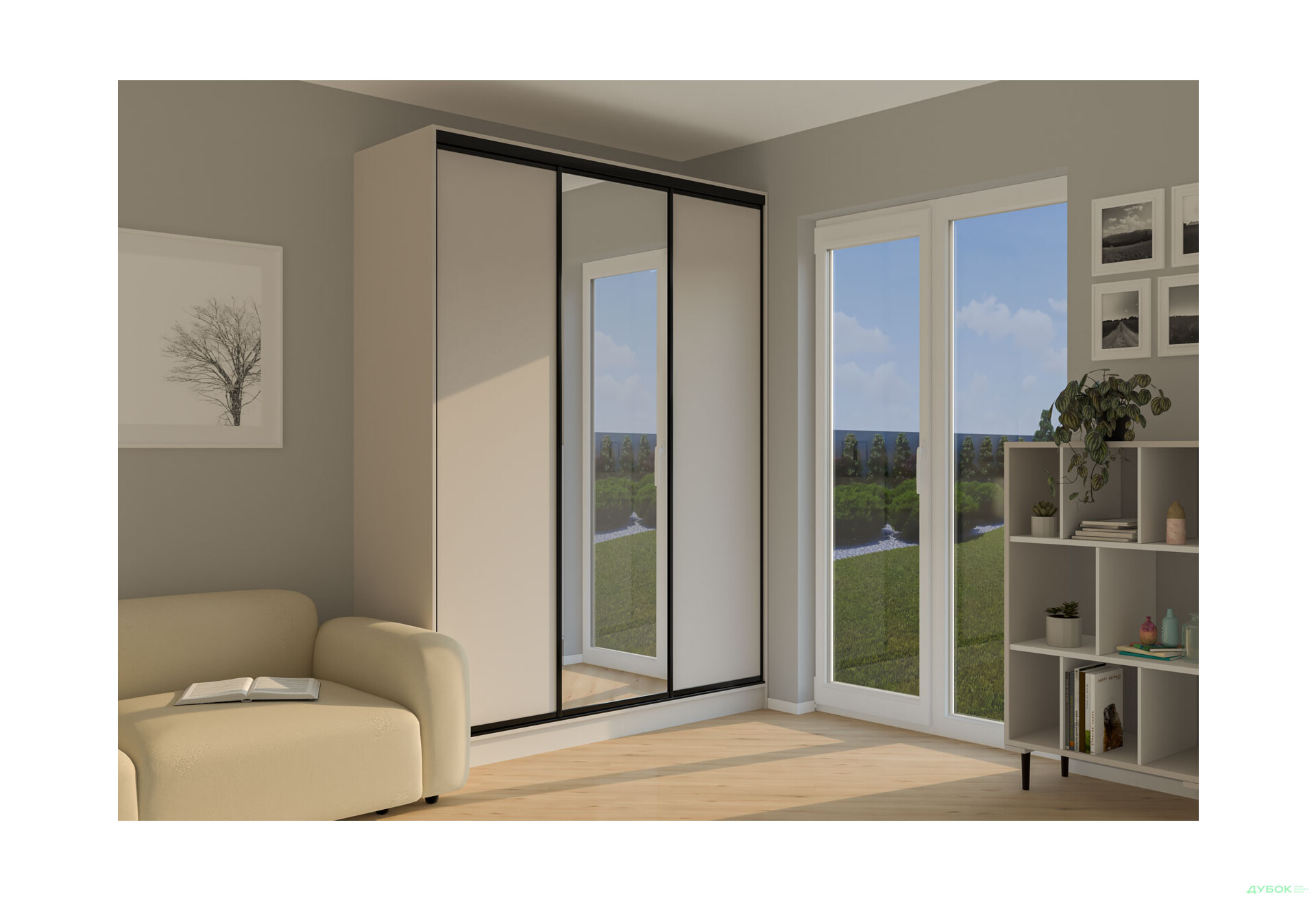 Шафа-купе Мебель Стар 3-дверный 1800х2400х600 с зеркалом, Кашемир, профиль BG (черный глянец) - Изображение 2 Изображение 2 - Шафа-купе Мебель Стар 3-дверный 1800х2400х600 с зеркалом, Кашемир, профиль BG (черный глянец)