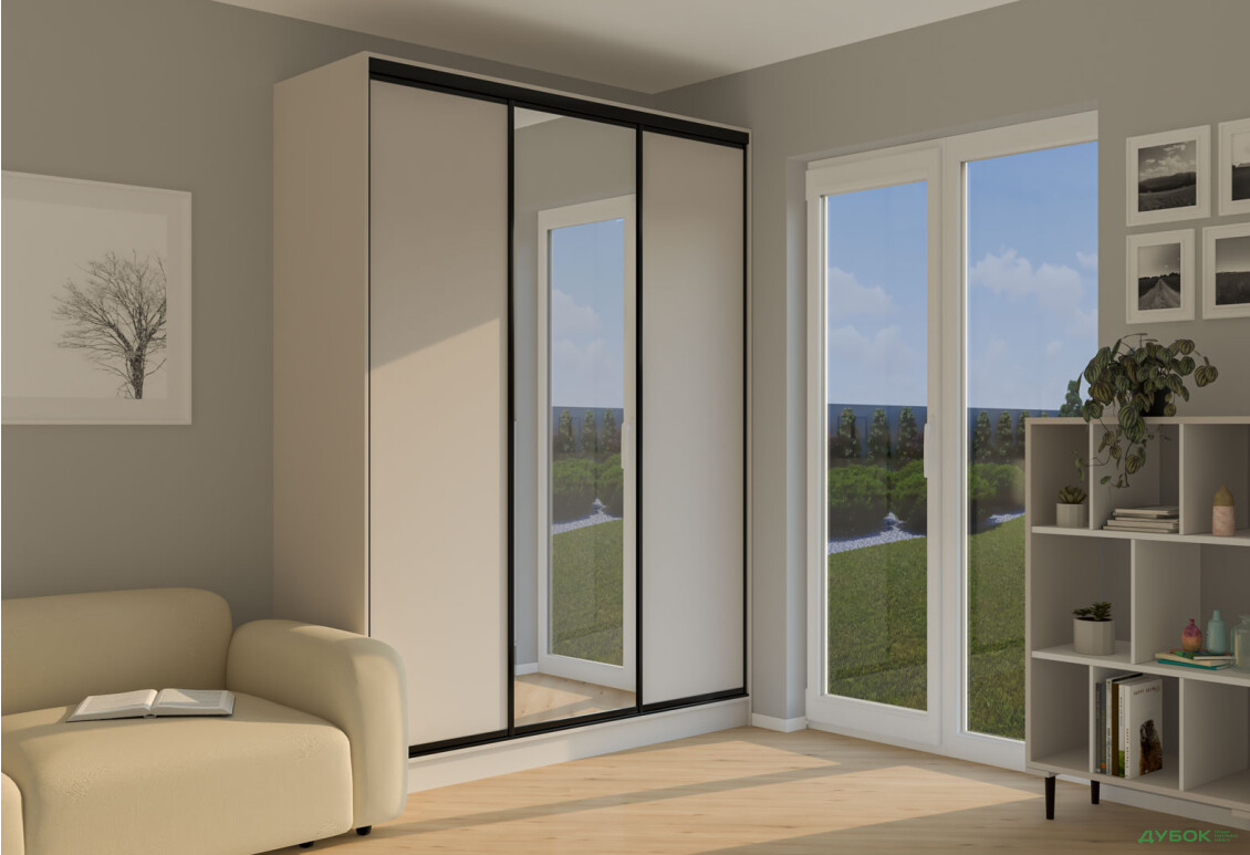 Шафа-купе Мебель Стар 3-дверный 1800х2400х600 с зеркалом, Кашемир, профиль BG (черный глянец) - Изображение 2 Изображение 2 - Шафа-купе Мебель Стар 3-дверный 1800х2400х600 с зеркалом, Кашемир, профиль BG (черный глянец)