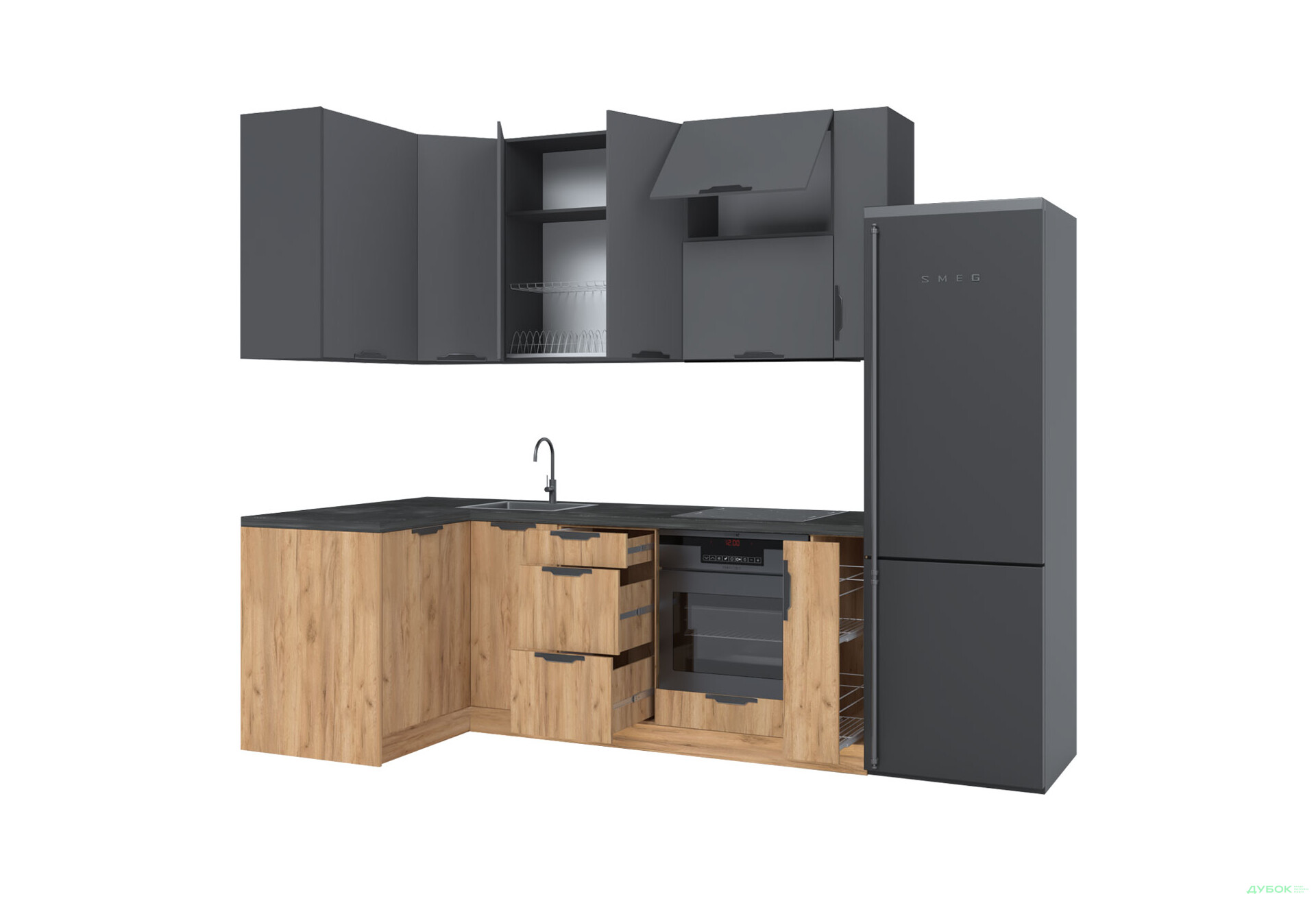 Кухня кутова MiroMark Лео / Leo 1.22х2.2 м, графіт / дуб крафт золотий - Зображення 6 Зображення 6 - Кухня кутова MiroMark Лео / Leo 1.22х2.2 м, графіт / дуб крафт золотий