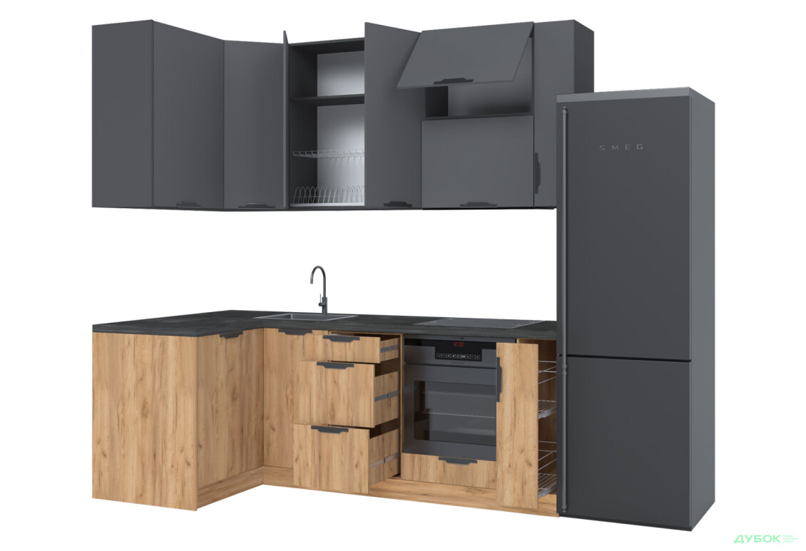 Кухня кутова MiroMark Лео / Leo 1.22х2.2 м, графіт / дуб крафт золотий - Зображення 6 Зображення 6 - Кухня кутова MiroMark Лео / Leo 1.22х2.2 м, графіт / дуб крафт золотий