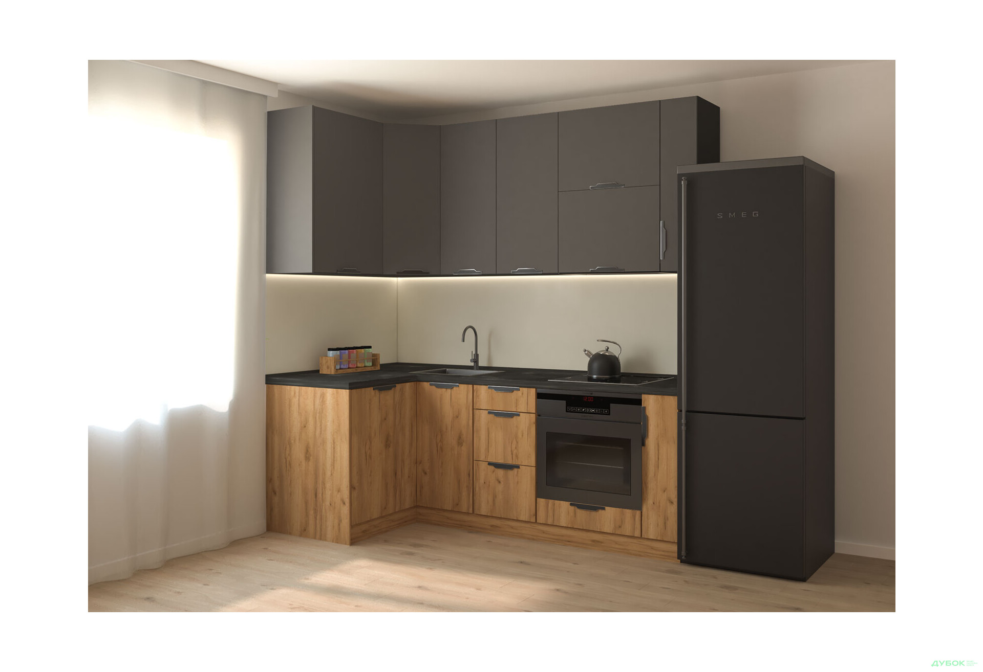 Кухня кутова MiroMark Лео / Leo 1.22х2.2 м, графіт / дуб крафт золотий - Зображення 1 Зображення 1 - Кухня кутова MiroMark Лео / Leo 1.22х2.2 м, графіт / дуб крафт золотий