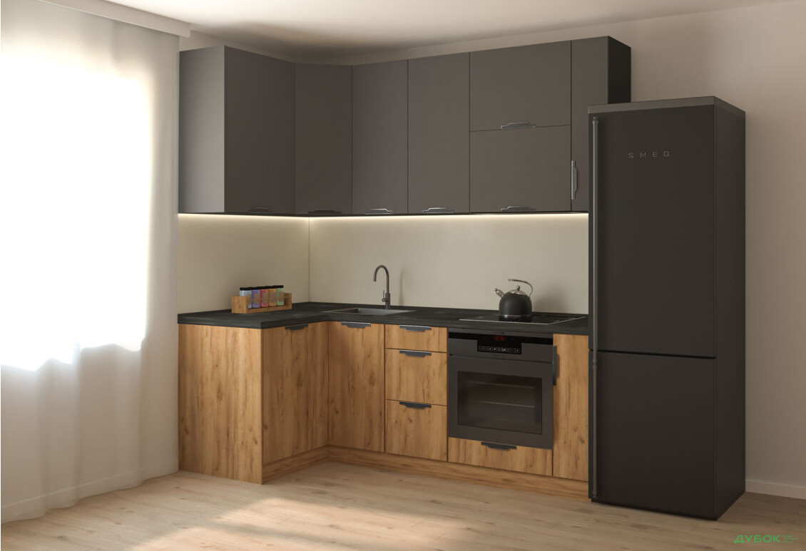 Кухня кутова MiroMark Лео / Leo 1.22х2.2 м, графіт / дуб крафт золотий - Зображення 1 Зображення 1 - Кухня кутова MiroMark Лео / Leo 1.22х2.2 м, графіт / дуб крафт золотий