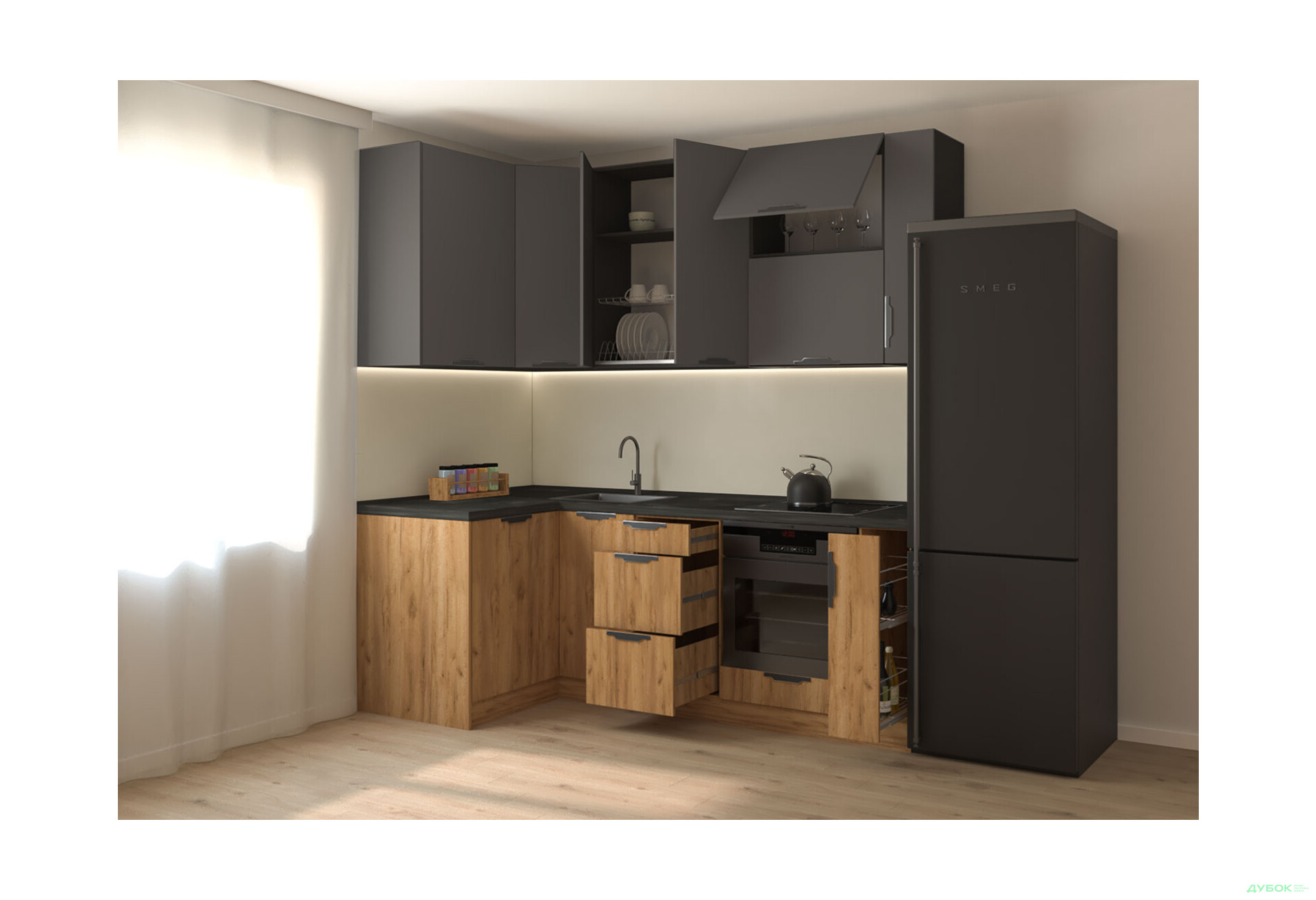 Кухня кутова MiroMark Лео / Leo 1.22х2.2 м, графіт / дуб крафт золотий - Зображення 2 Зображення 2 - Кухня кутова MiroMark Лео / Leo 1.22х2.2 м, графіт / дуб крафт золотий