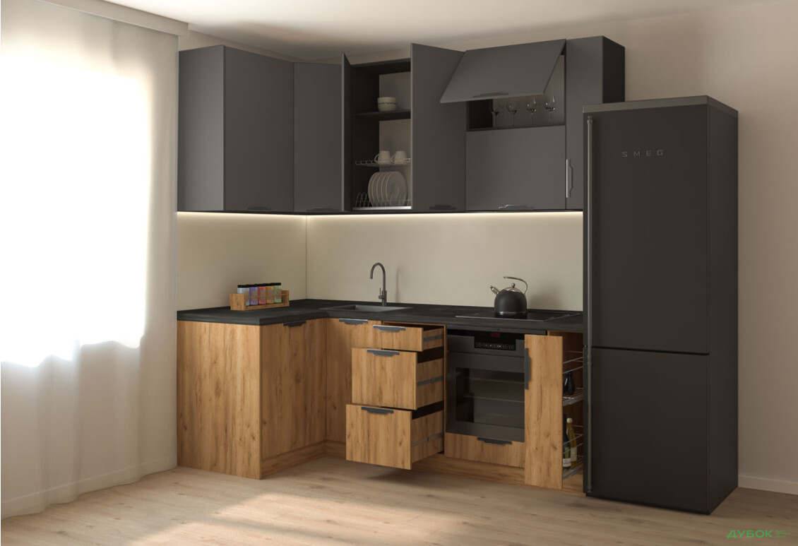 Кухня кутова MiroMark Лео / Leo 1.22х2.2 м, графіт / дуб крафт золотий - Зображення 2 Зображення 2 - Кухня кутова MiroMark Лео / Leo 1.22х2.2 м, графіт / дуб крафт золотий