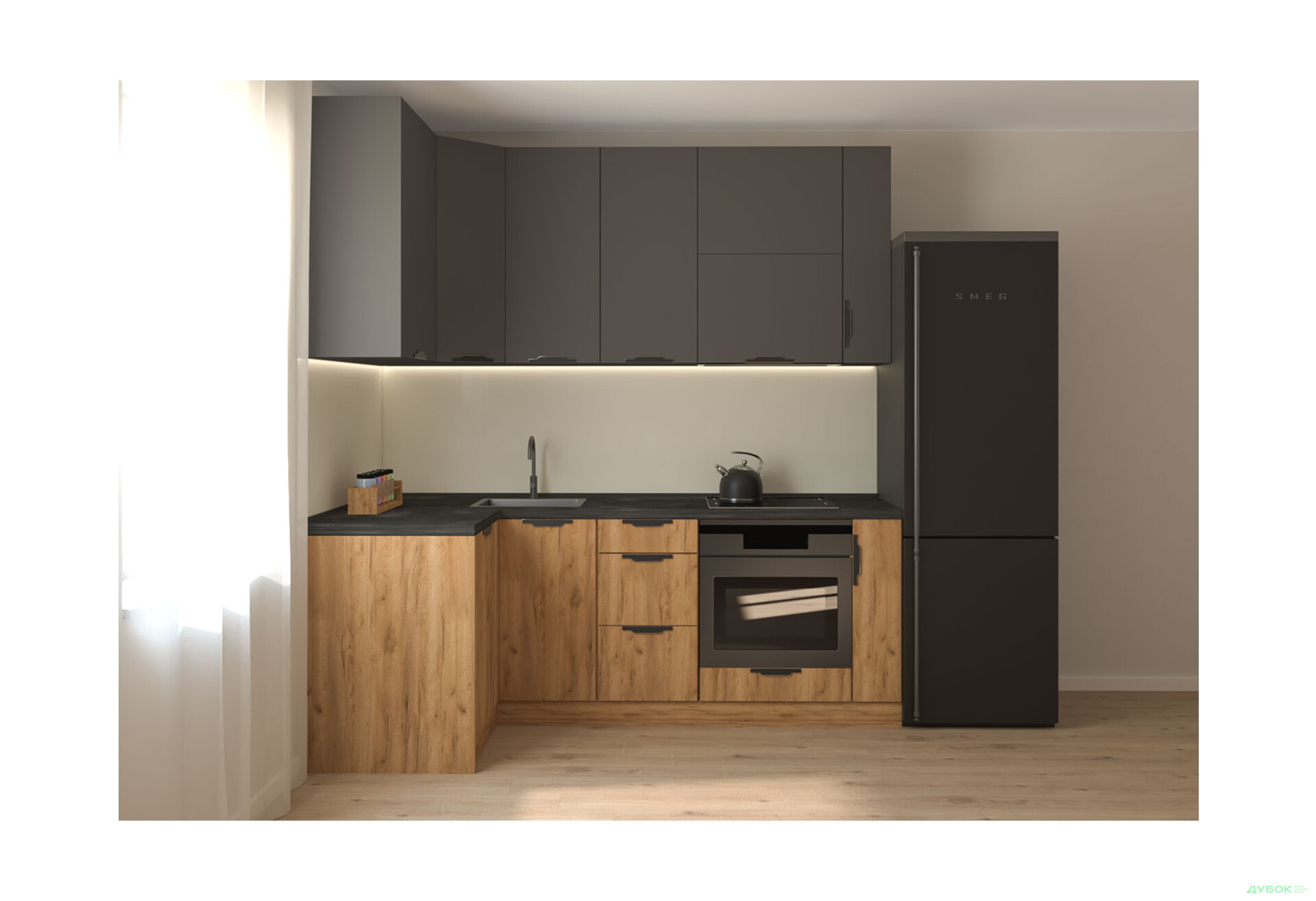 Кухня кутова MiroMark Лео / Leo 1.22х2.2 м, графіт / дуб крафт золотий - Зображення 4 Зображення 4 - Кухня кутова MiroMark Лео / Leo 1.22х2.2 м, графіт / дуб крафт золотий