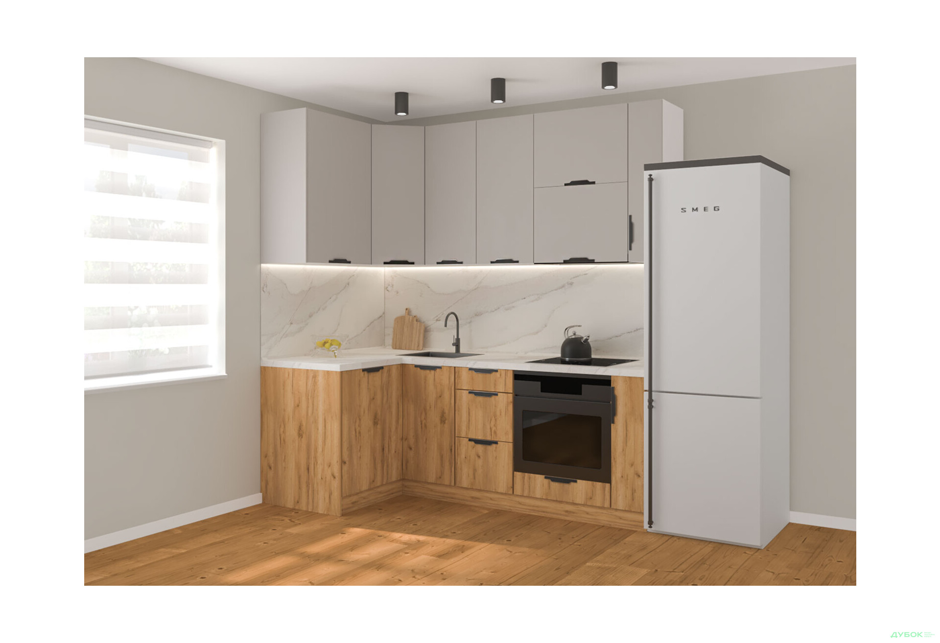 Кухня кутова MiroMark Лео / Leo 1.22х2.2 м, кашемір / дуб крафт золотий - Зображення 1 Зображення 1 - Кухня кутова MiroMark Лео / Leo 1.22х2.2 м, кашемір / дуб крафт золотий