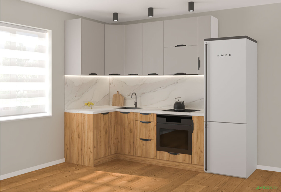 Кухня кутова MiroMark Лео / Leo 1.22х2.2 м, кашемір / дуб крафт золотий - Зображення 1 Зображення 1 - Кухня кутова MiroMark Лео / Leo 1.22х2.2 м, кашемір / дуб крафт золотий