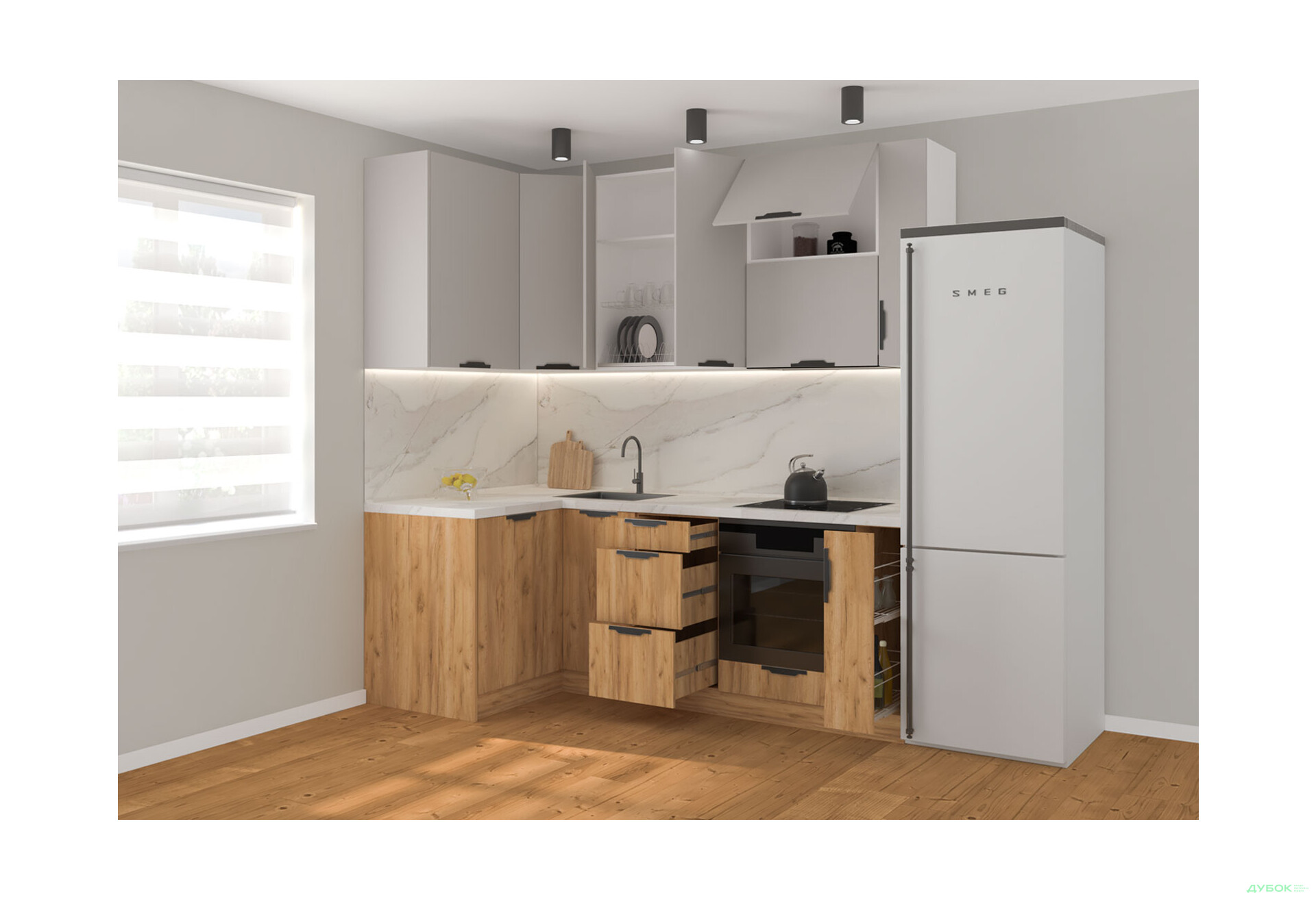 Кухня кутова MiroMark Лео / Leo 1.22х2.2 м, кашемір / дуб крафт золотий - Зображення 2 Зображення 2 - Кухня кутова MiroMark Лео / Leo 1.22х2.2 м, кашемір / дуб крафт золотий