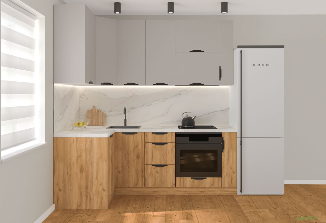 Кухня кутова MiroMark Лео / Leo 1.22х2.2 м, кашемір / дуб крафт золотий - Зображення 3 Зображення 3 - Кухня кутова MiroMark Лео / Leo 1.22х2.2 м, кашемір / дуб крафт золотий