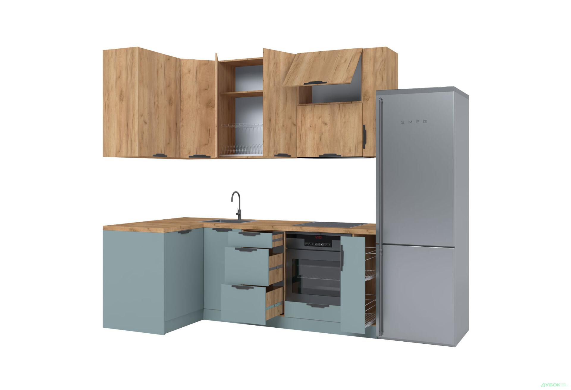 Кухня кутова MiroMark Лео / Leo 1.22х2.2 м, дуб крафт золотий / сутінковий блакитний - Зображення 6 Зображення 6 - Кухня кутова MiroMark Лео / Leo 1.22х2.2 м, дуб крафт золотий / сутінковий блакитний