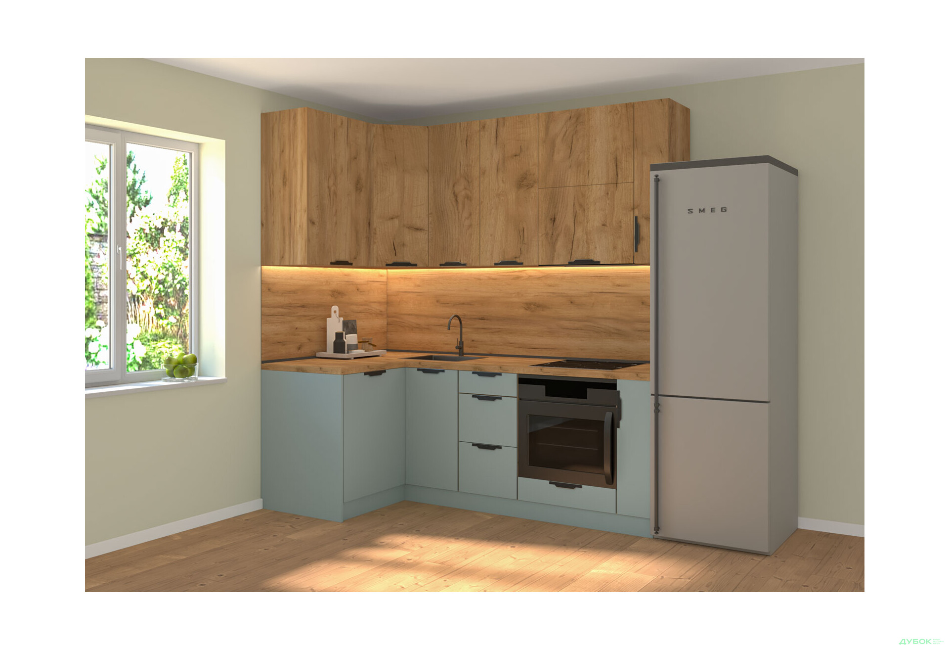 Кухня кутова MiroMark Лео / Leo 1.22х2.2 м, дуб крафт золотий / сутінковий блакитний - Зображення 1 Зображення 1 - Кухня кутова MiroMark Лео / Leo 1.22х2.2 м, дуб крафт золотий / сутінковий блакитний