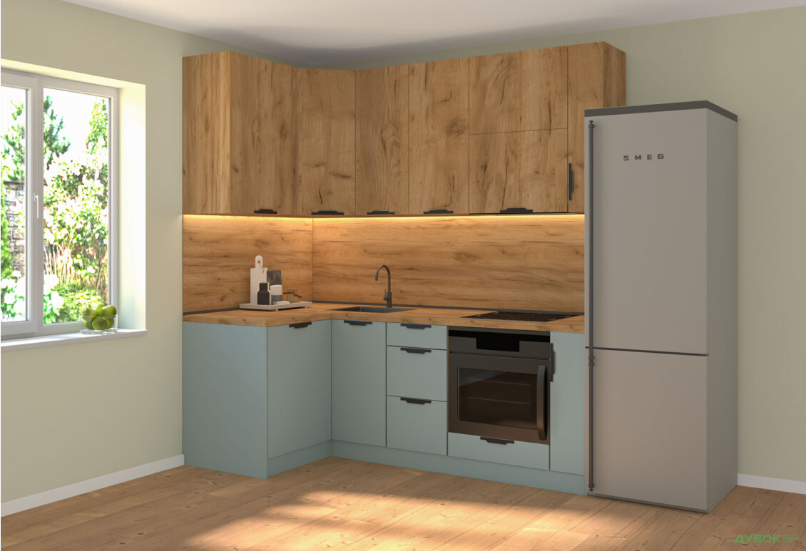 Кухня кутова MiroMark Лео / Leo 1.22х2.2 м, дуб крафт золотий / сутінковий блакитний - Зображення 1 Зображення 1 - Кухня кутова MiroMark Лео / Leo 1.22х2.2 м, дуб крафт золотий / сутінковий блакитний