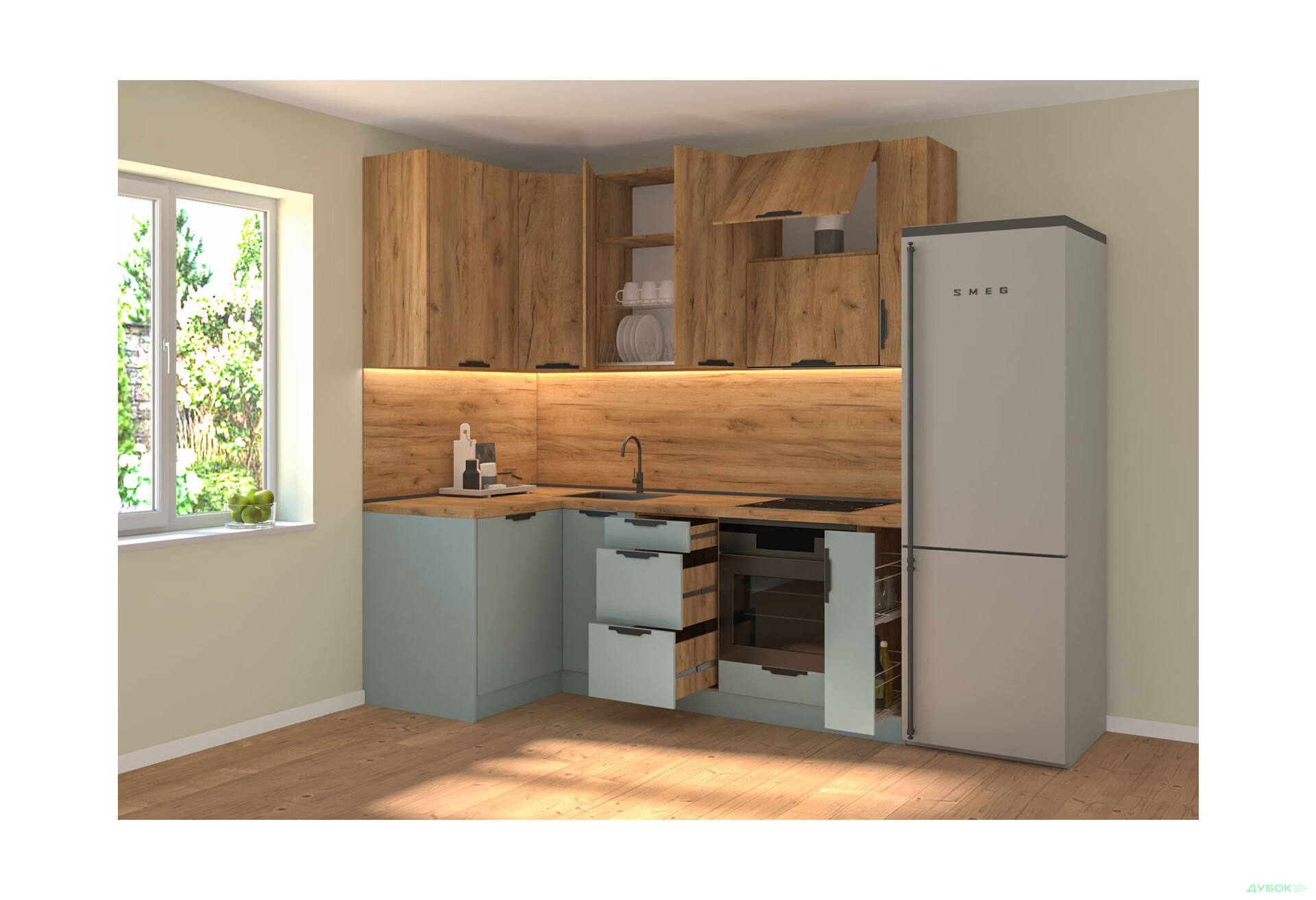 Кухня кутова MiroMark Лео / Leo 1.22х2.2 м, дуб крафт золотий / сутінковий блакитний - Зображення 2 Зображення 2 - Кухня кутова MiroMark Лео / Leo 1.22х2.2 м, дуб крафт золотий / сутінковий блакитний