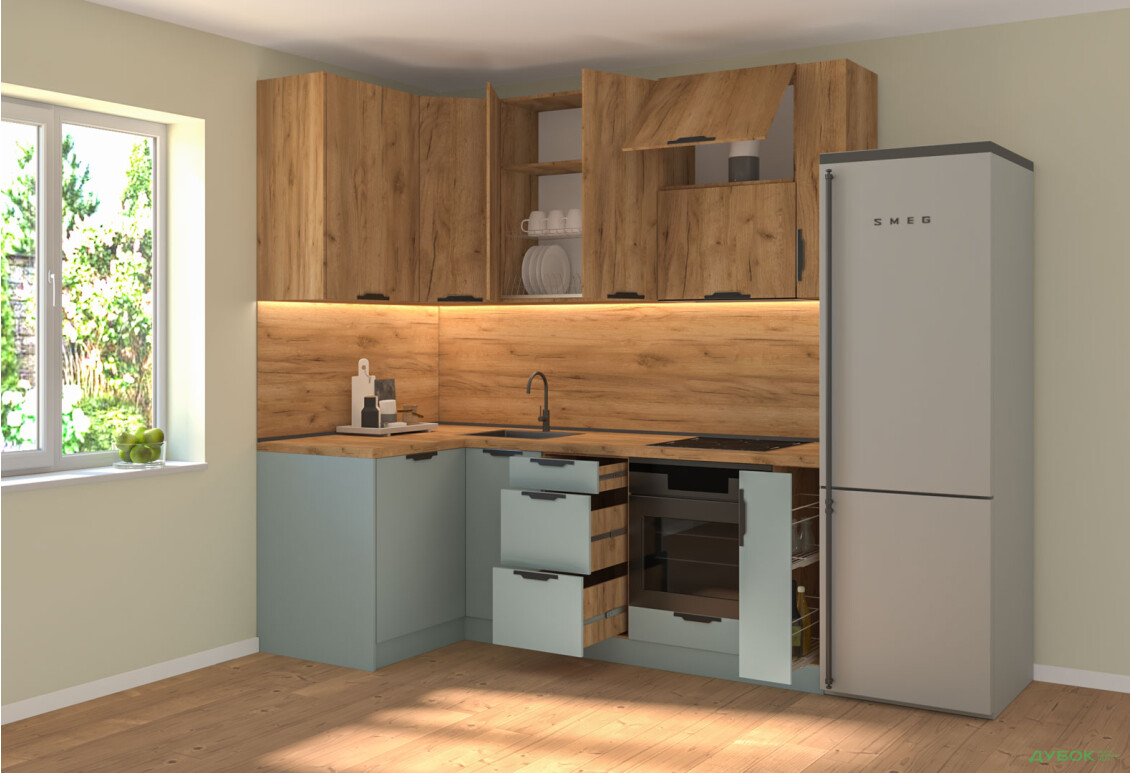 Кухня кутова MiroMark Лео / Leo 1.22х2.2 м, дуб крафт золотий / сутінковий блакитний - Зображення 2 Зображення 2 - Кухня кутова MiroMark Лео / Leo 1.22х2.2 м, дуб крафт золотий / сутінковий блакитний