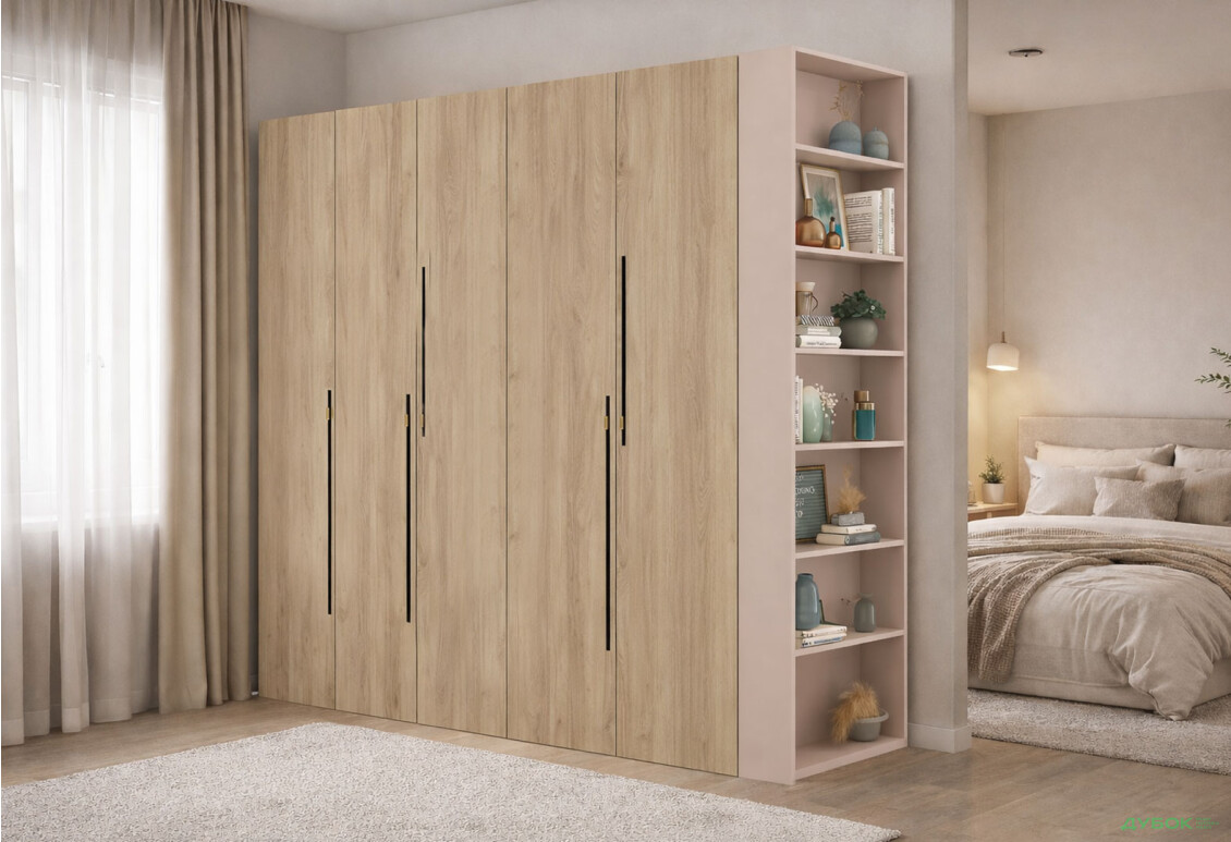 Изображение 2 - Шкаф Svit Mebliv Спейс пятидверная с боковыми полками 220х220х57 см, кашемир / дуб белый