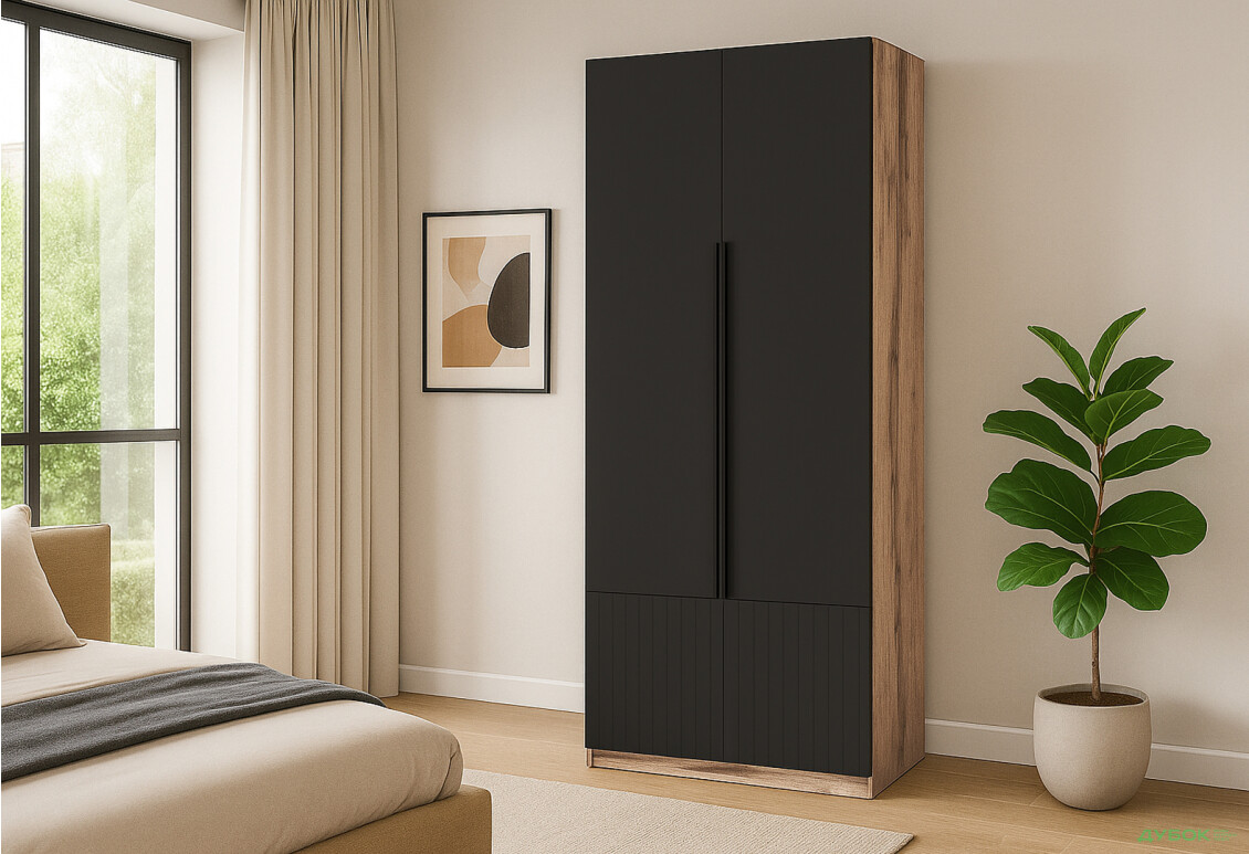 Шафа Київський стандарт Лайн Елегант 2-дверна 100 см дуб аппалачі / чорний мат - Зображення 2 Зображення 2 - Шафа Київський стандарт Лайн Елегант 2-дверна 100 см дуб аппалачі / чорний мат