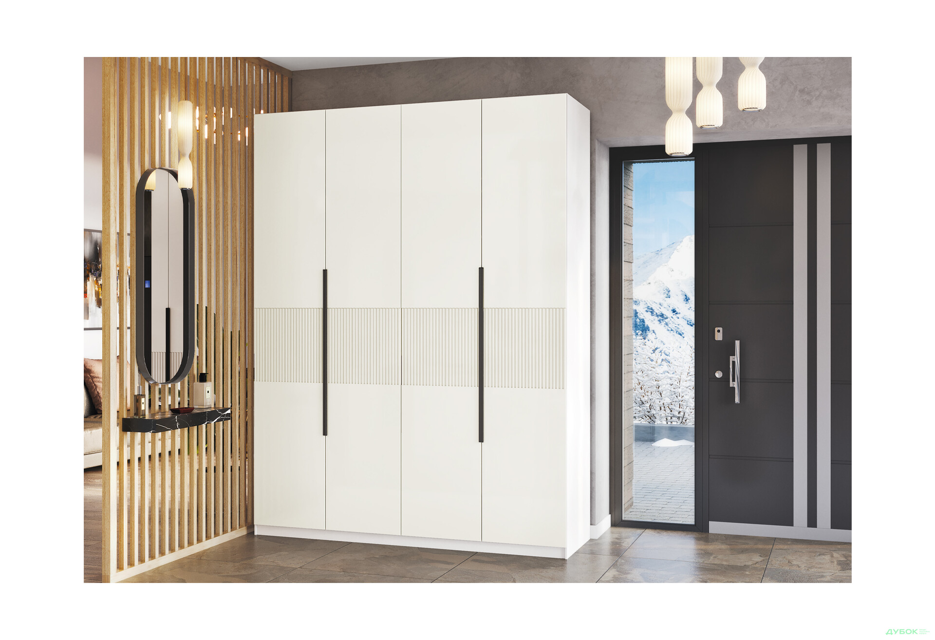 Шафа Київський стандарт Лайн Елегант 4-дверна 200 см німфея альба / білий мат - Зображення 2 Зображення 2 - Шафа Київський стандарт Лайн Елегант 4-дверна 200 см німфея альба / білий мат