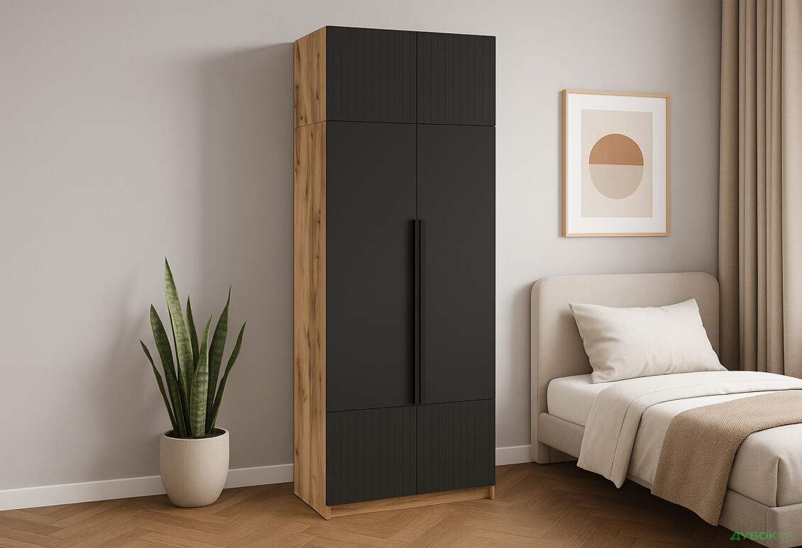 Шафа Київський стандарт Лайн Елегант 4-дверна з антресоллю 100 см дуб аппалачі / чорний мат - Зображення 2 Зображення 2 - Шафа Київський стандарт Лайн Елегант 4-дверна з антресоллю 100 см дуб аппалачі / чорний мат