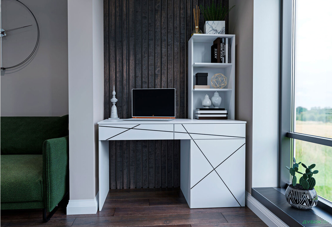 Зображення 2 - Стіл письмовий Garant Геометрія 130x61 см з тумбою, шухлядами і надставкою, збірка права, білий