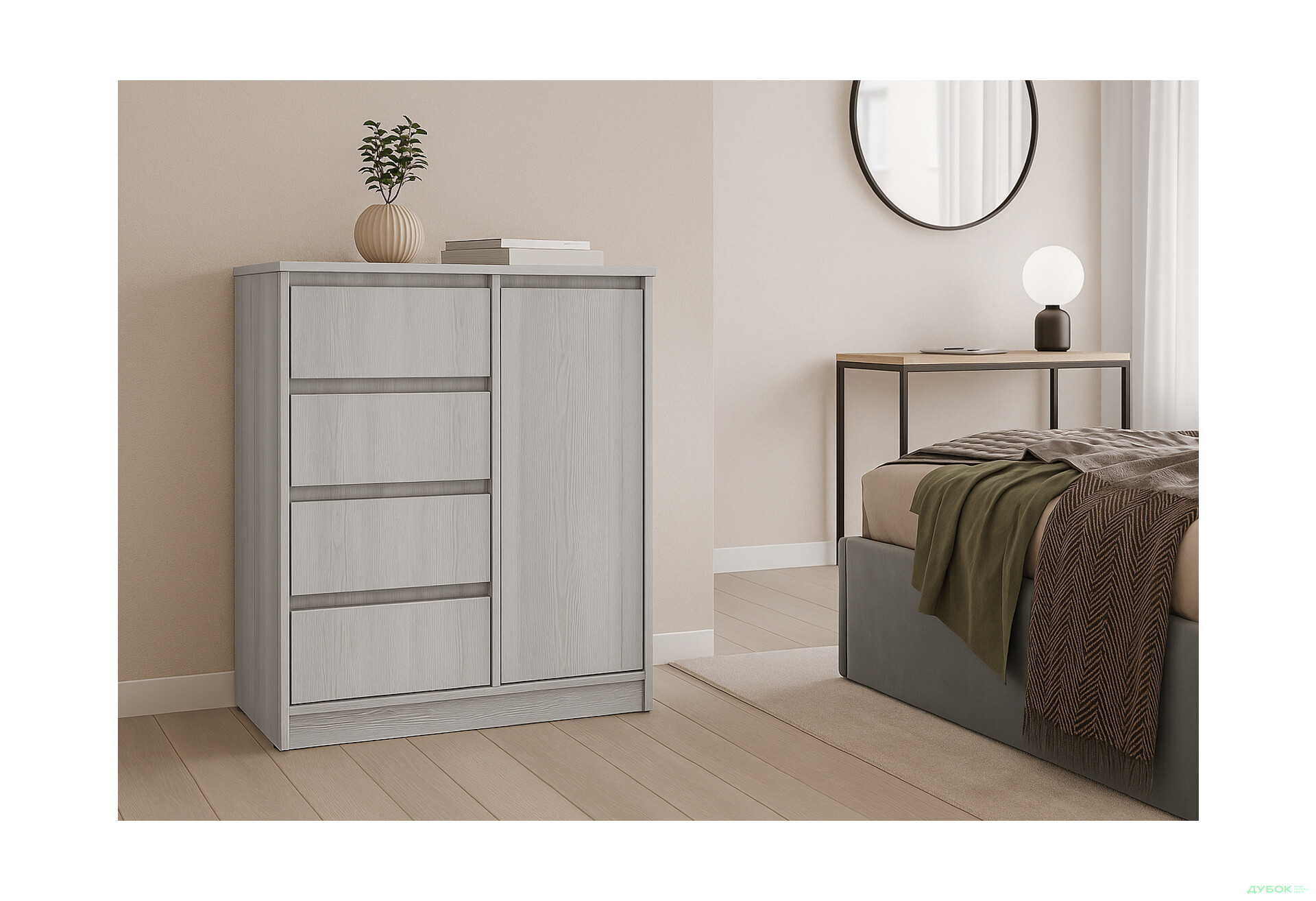 Комод Київський стандарт №11 правий з дверцею та 4 шухлядами 90 см сосна натті - Зображення 2 Зображення 2 - Комод Київський стандарт №11 правий з дверцею та 4 шухлядами 90 см сосна натті