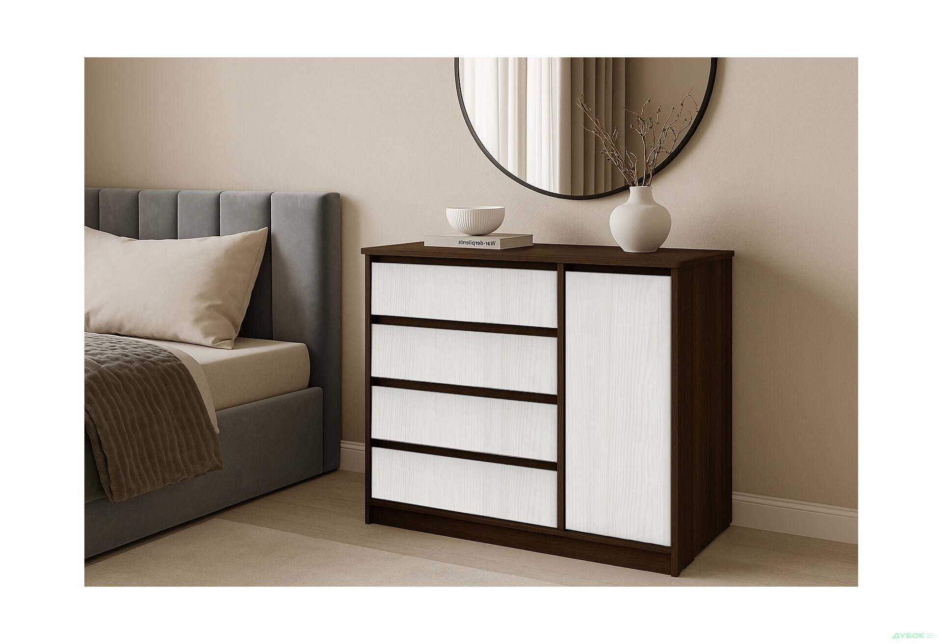 Комод Киевский стандарт №11 правый с дверкой и 4 ящиками 90 см венге / белый структурный new - Изображение 2 Изображение 2 - Комод Киевский стандарт №11 правый с дверкой и 4 ящиками 90 см венге / белый структурный new