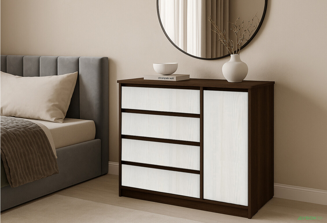 Комод Киевский стандарт №11 правый с дверкой и 4 ящиками 90 см венге / белый структурный new - Изображение 2 Изображение 2 - Комод Киевский стандарт №11 правый с дверкой и 4 ящиками 90 см венге / белый структурный new