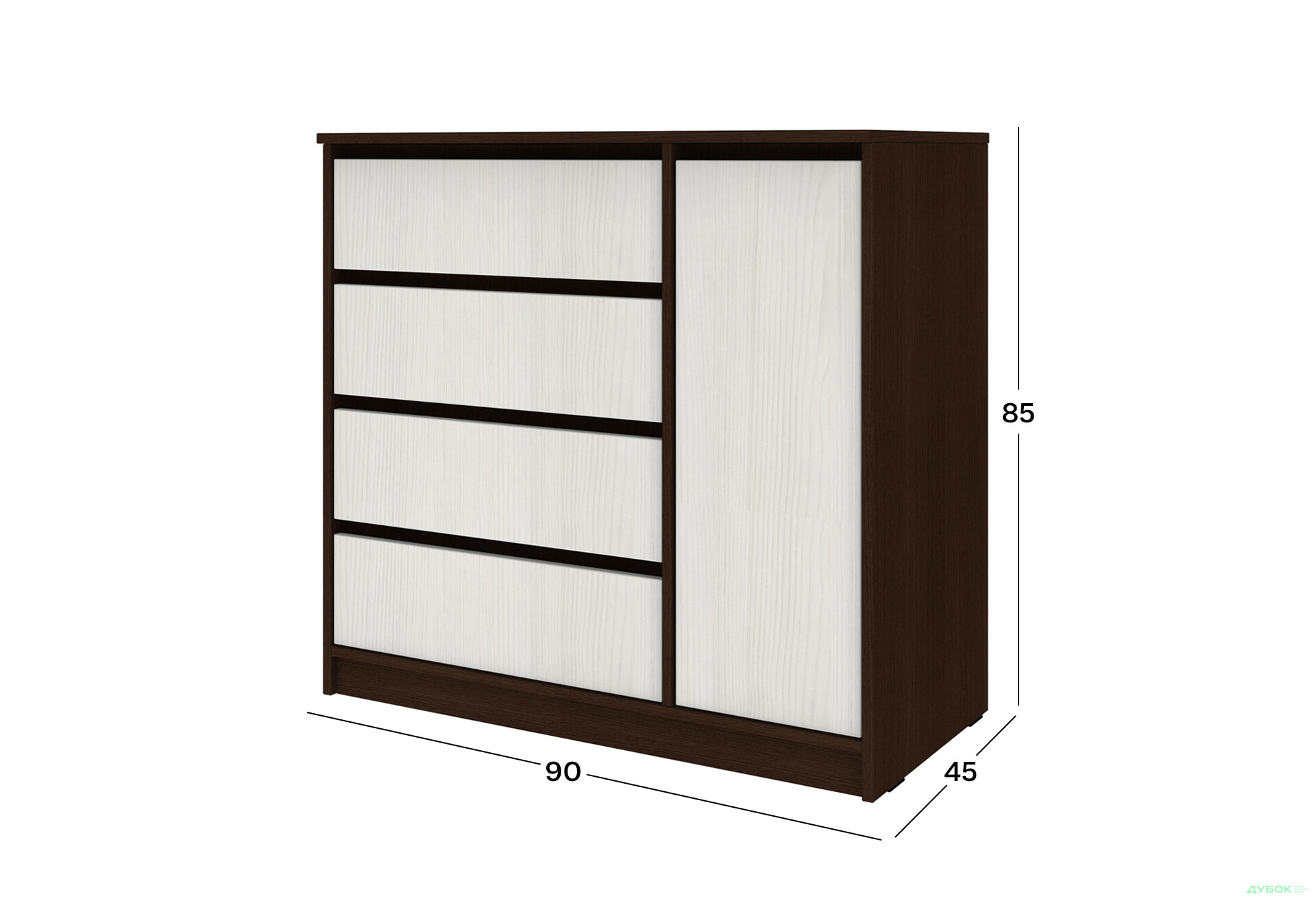Комод Киевский стандарт №11 правый с дверкой и 4 ящиками 90 см венге / белый структурный new - Изображение 4 Изображение 4 - Комод Киевский стандарт №11 правый с дверкой и 4 ящиками 90 см венге / белый структурный new