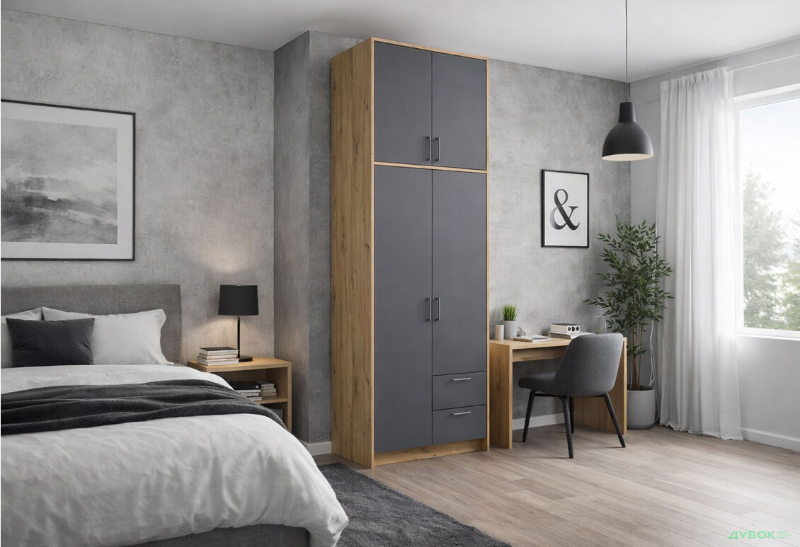 Изображение 2 - Шкаф Doros Ронди 2-дверный с высокой антресолью и 2 ящиками 82 см Дуб Артизан / Графит