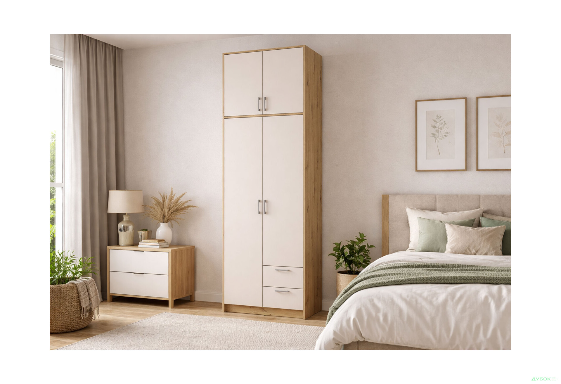 Изображение 2 - Шкаф Doros Ронди 2-дверный с высокой антресолью и 2 ящиками 82 см Дуб Артизан / Кашемир