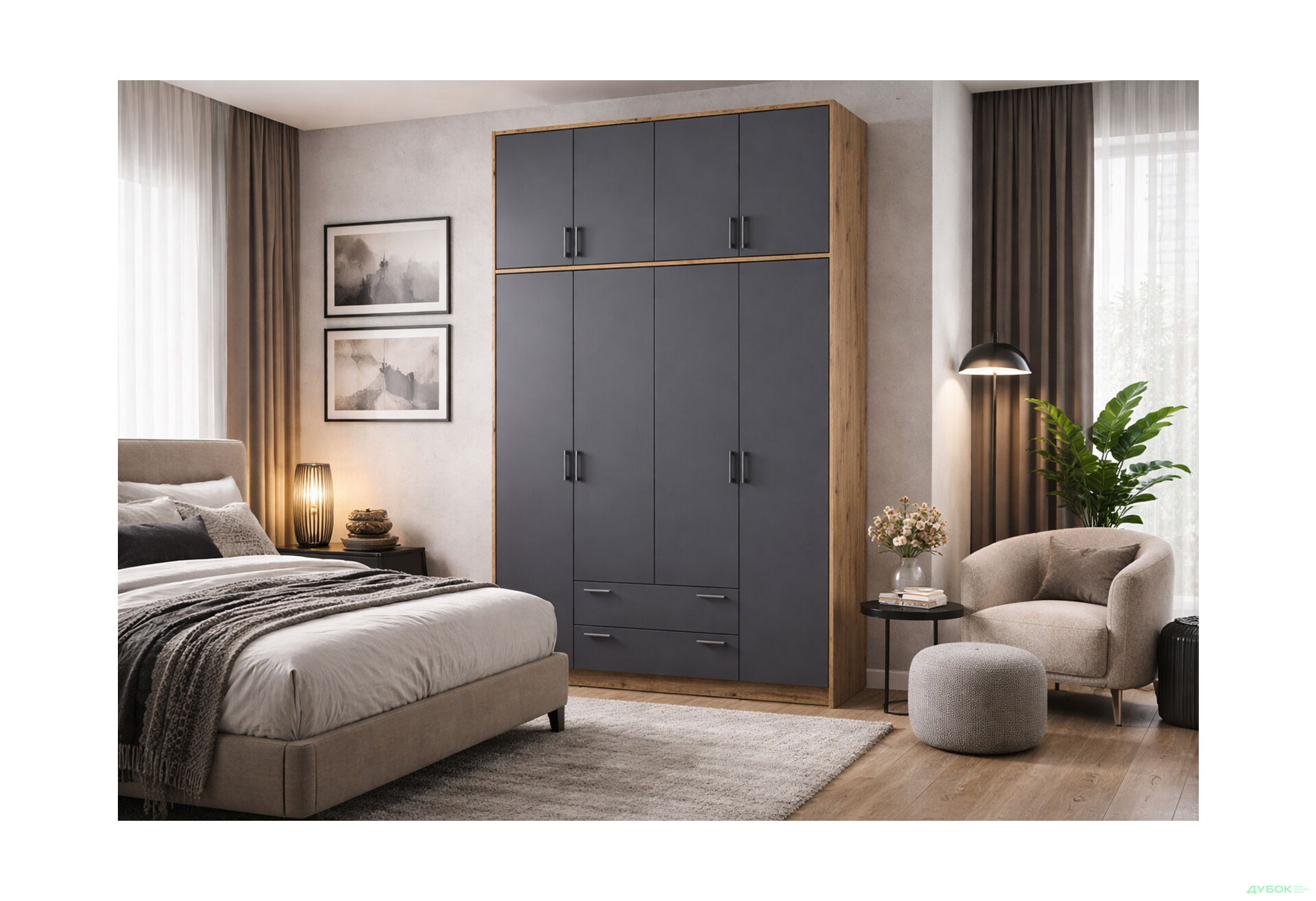 Изображение 3 - Шкаф Doros Ронди 4-дверный с высокой антресолью и 2 ящиками 160 см Дуб Артизан / Графит