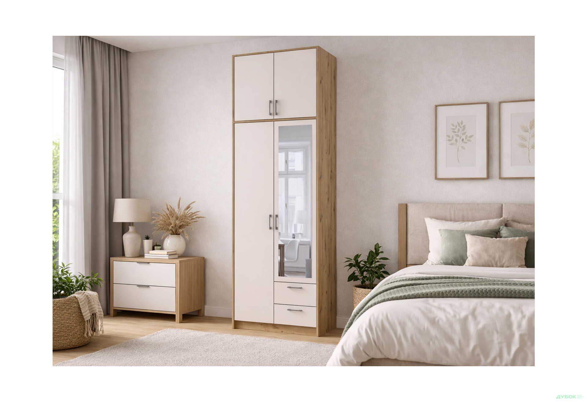 Зображення 2 - Шафа Doros Ронді 2-дверна з дзеркалом, високою антресоллю і 2 шухлядами 82 см Дуб Артізан / Кашемір