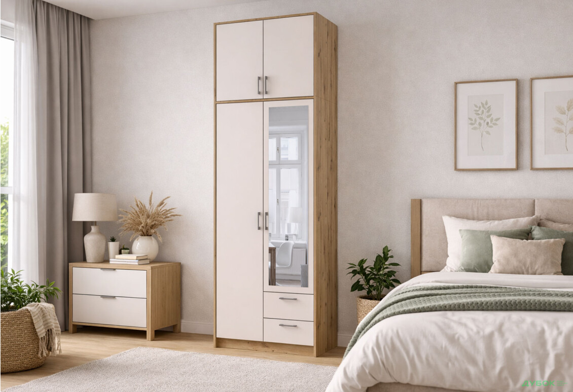 Зображення 2 - Шафа Doros Ронді 2-дверна з дзеркалом, високою антресоллю і 2 шухлядами 82 см Дуб Артізан / Кашемір