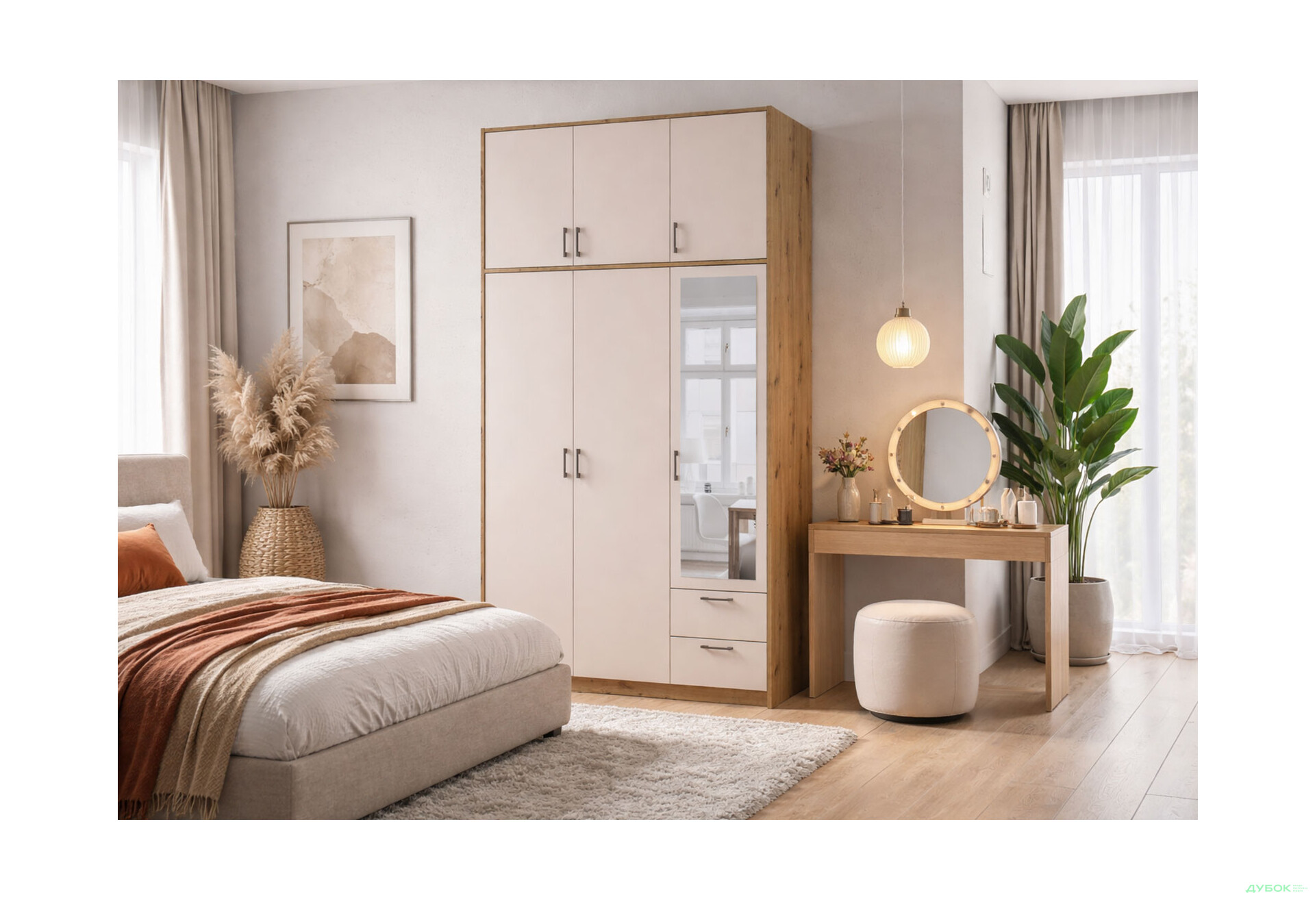 Зображення 2 - Шафа Doros Ронді 3-дверна з дзеркалом, високою антресоллю і 2 шухлядами 121 см Дуб Артізан / Кашемір