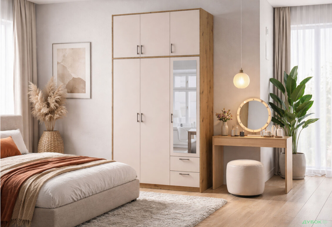 Зображення 2 - Шафа Doros Ронді 3-дверна з дзеркалом, високою антресоллю і 2 шухлядами 121 см Дуб Артізан / Кашемір