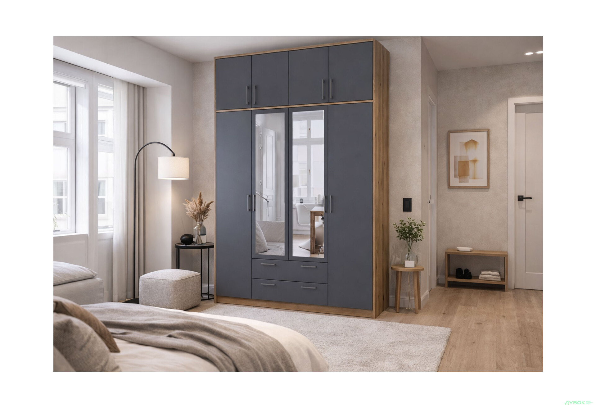 Зображення 2 - Шафа Doros Ронді 4-дверна з дзеркалом, високою антресоллю і 2 шухлядами 160 см Дуб Артізан / Графіт