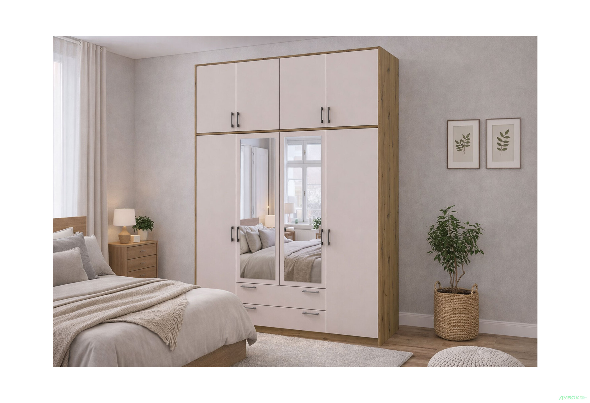 Зображення 2 - Шафа Doros Ронді 4-дверна з дзеркалом, високою антресоллю і 2 шухлядами 160 см Дуб Артізан / Кашемір