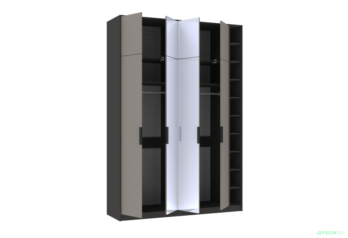 Шафа Київський стандарт Сем 4-дверна права з етажеркою та дзеркалом 180 см антрацит / кашемір - Зображення 3 Зображення 3 - Шафа Київський стандарт Сем 4-дверна права з етажеркою та дзеркалом 180 см антрацит / кашемір