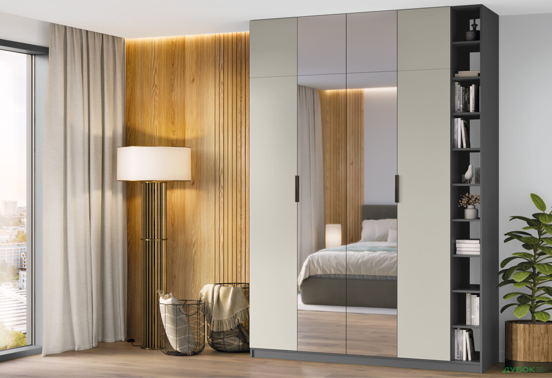 Шафа Київський стандарт Сем 4-дверна права з етажеркою та дзеркалом 180 см антрацит / кашемір - Зображення 2 Зображення 2 - Шафа Київський стандарт Сем 4-дверна права з етажеркою та дзеркалом 180 см антрацит / кашемір