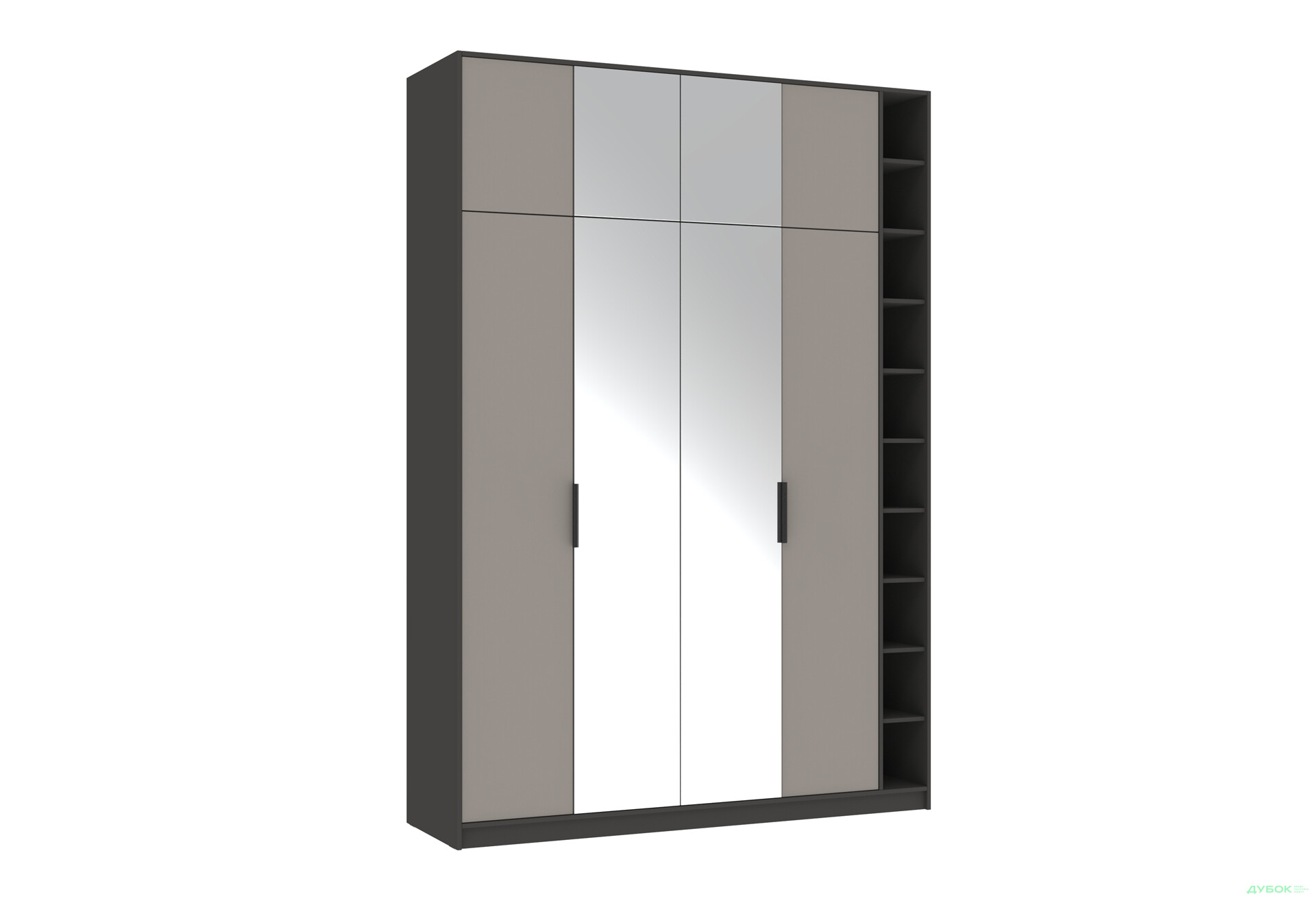 Шафа Київський стандарт Сем 4-дверна права з етажеркою та дзеркалом 180 см антрацит / кашемір - Зображення 1 Зображення 1 - Шафа Київський стандарт Сем 4-дверна права з етажеркою та дзеркалом 180 см антрацит / кашемір