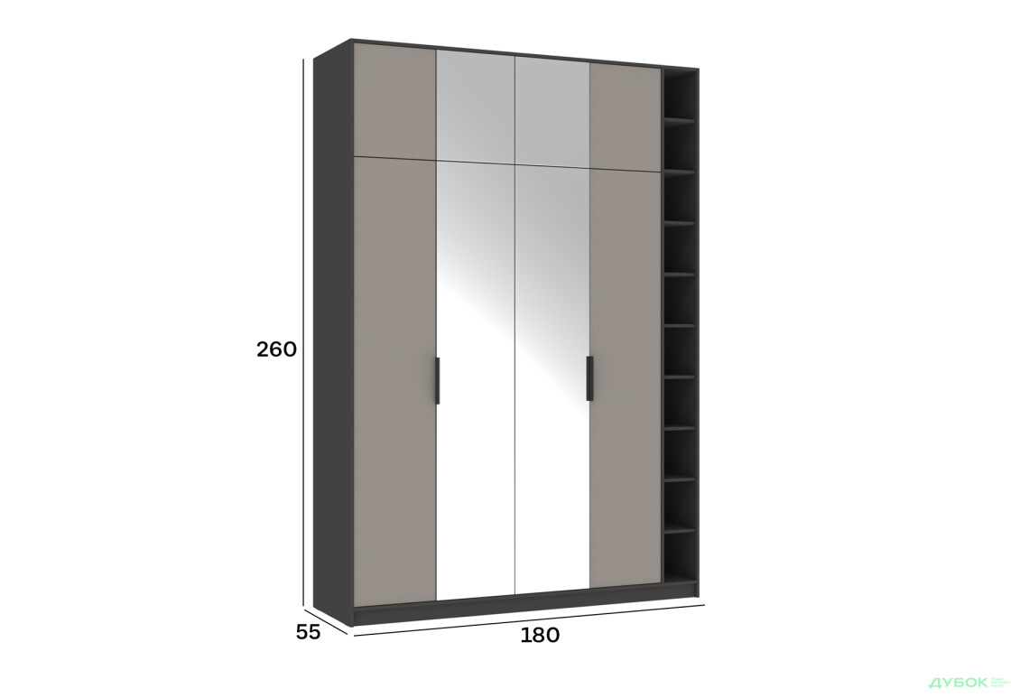 Шафа Київський стандарт Сем 4-дверна права з етажеркою та дзеркалом 180 см антрацит / кашемір - Зображення 4 Зображення 4 - Шафа Київський стандарт Сем 4-дверна права з етажеркою та дзеркалом 180 см антрацит / кашемір