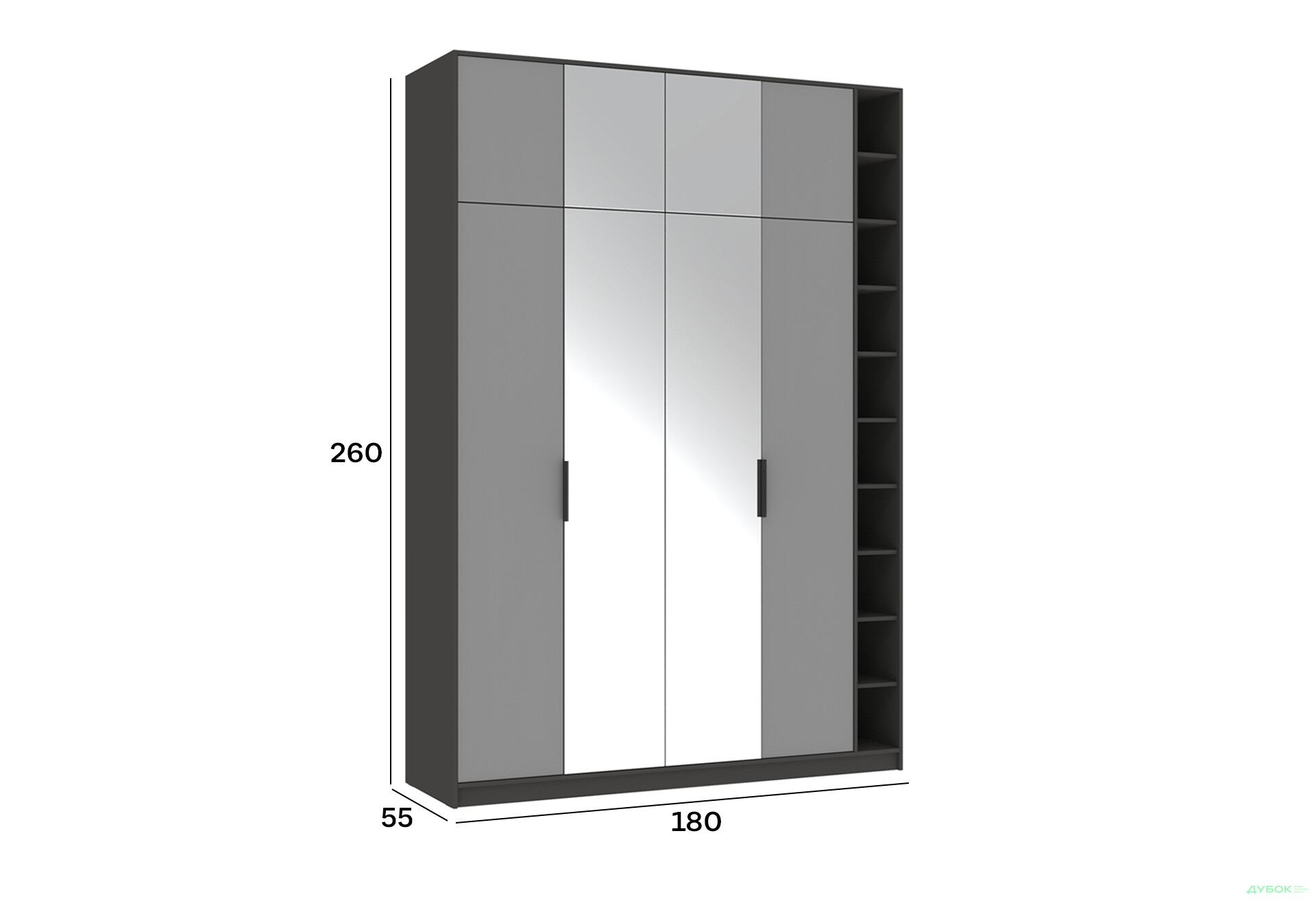 Шафа Київський стандарт Сем 4-дверна права з етажеркою та дзеркалом 180 см антрацит / сіра лава - Зображення 4 Зображення 4 - Шафа Київський стандарт Сем 4-дверна права з етажеркою та дзеркалом 180 см антрацит / сіра лава