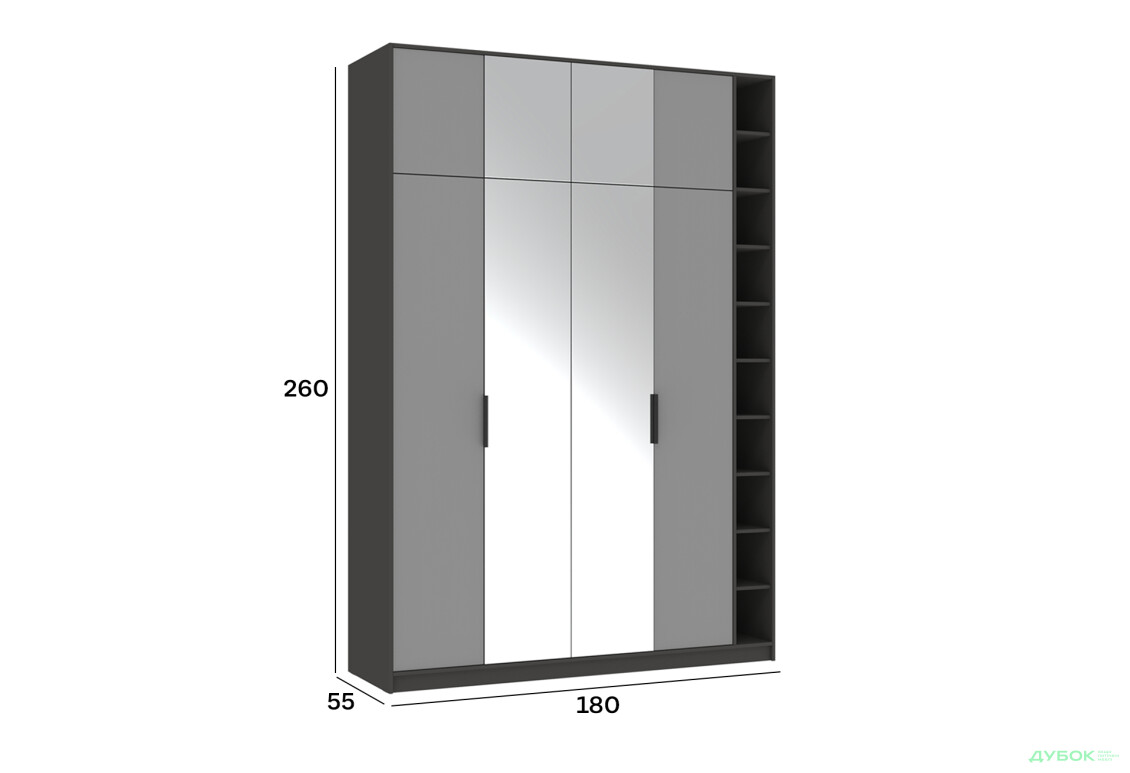 Шафа Київський стандарт Сем 4-дверна права з етажеркою та дзеркалом 180 см антрацит / сіра лава - Зображення 4 Зображення 4 - Шафа Київський стандарт Сем 4-дверна права з етажеркою та дзеркалом 180 см антрацит / сіра лава