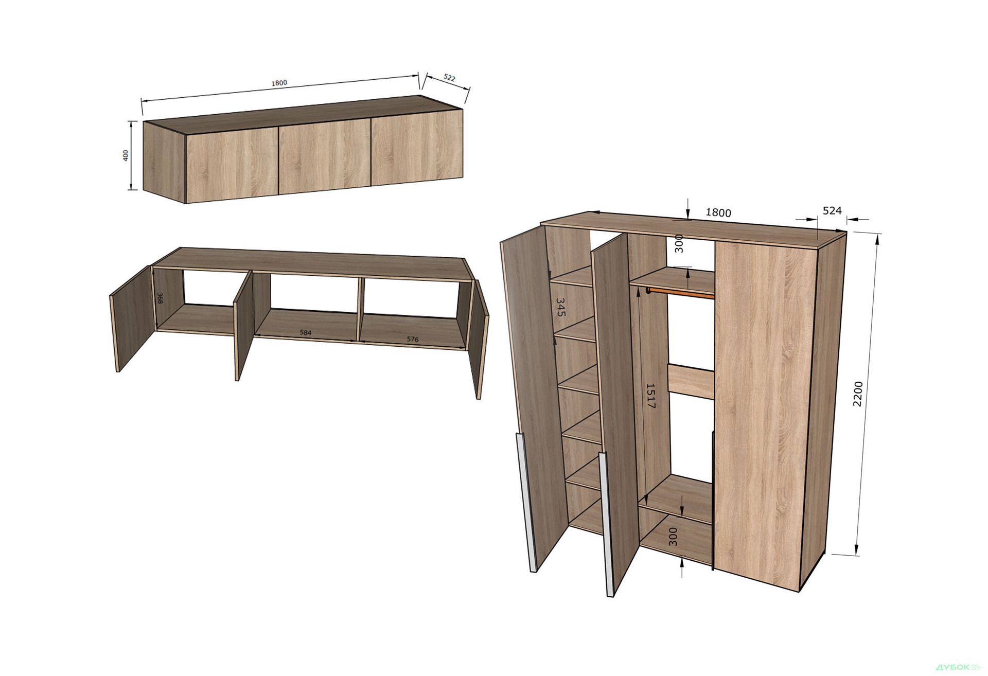 Шкаф Moreli Либерти (ST0027) 3-дверный с антресолью 180 см, дуб кверкус - Изображение 3 Изображение 3 - Шкаф Moreli Либерти (ST0027) 3-дверный с антресолью 180 см, дуб кверкус