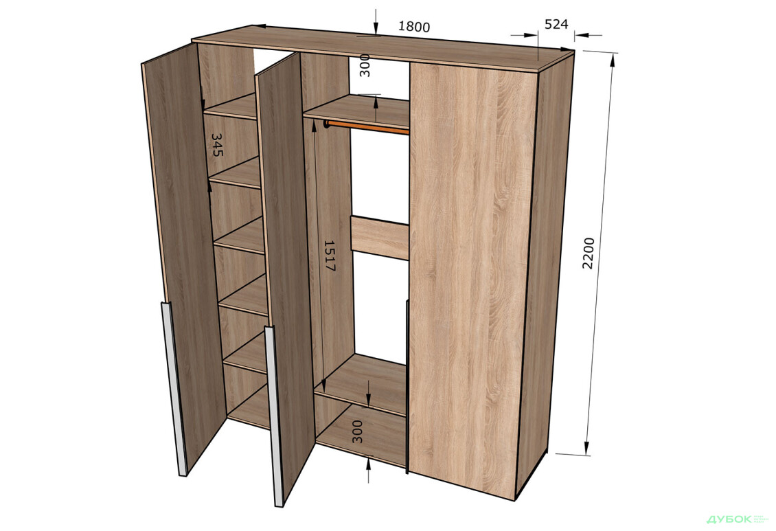 Шафа Moreli Ліберті (ST0027) зі штангою та відділенням з полицями 3-дверна 180 см бетон тефра - Зображення 3 Зображення 3 - Шафа Moreli Ліберті (ST0027) зі штангою та відділенням з полицями 3-дверна 180 см бетон тефра