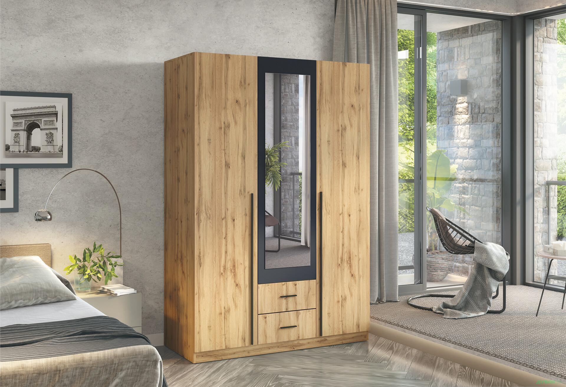 Шафа Київський стандарт Ліон 3Д2Ш 3-дверна з дзеркалом 136 см дуб аппалачі / антрацит - Зображення 2 Зображення 2 - Шафа Київський стандарт Ліон 3Д2Ш 3-дверна з дзеркалом 136 см дуб аппалачі / антрацит