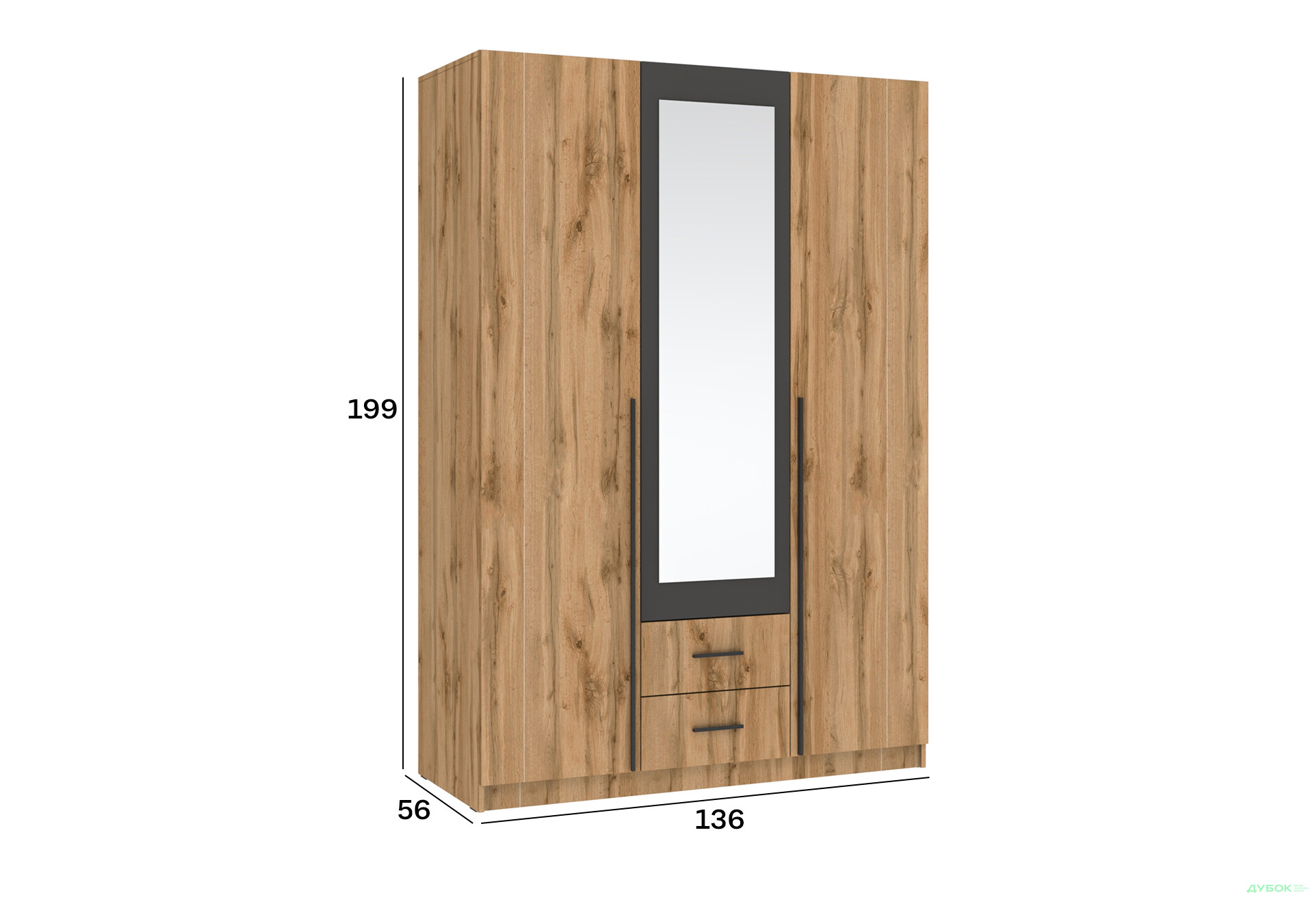 Шафа Київський стандарт Ліон 3Д2Ш 3-дверна з дзеркалом 136 см дуб аппалачі / антрацит - Зображення 4 Зображення 4 - Шафа Київський стандарт Ліон 3Д2Ш 3-дверна з дзеркалом 136 см дуб аппалачі / антрацит