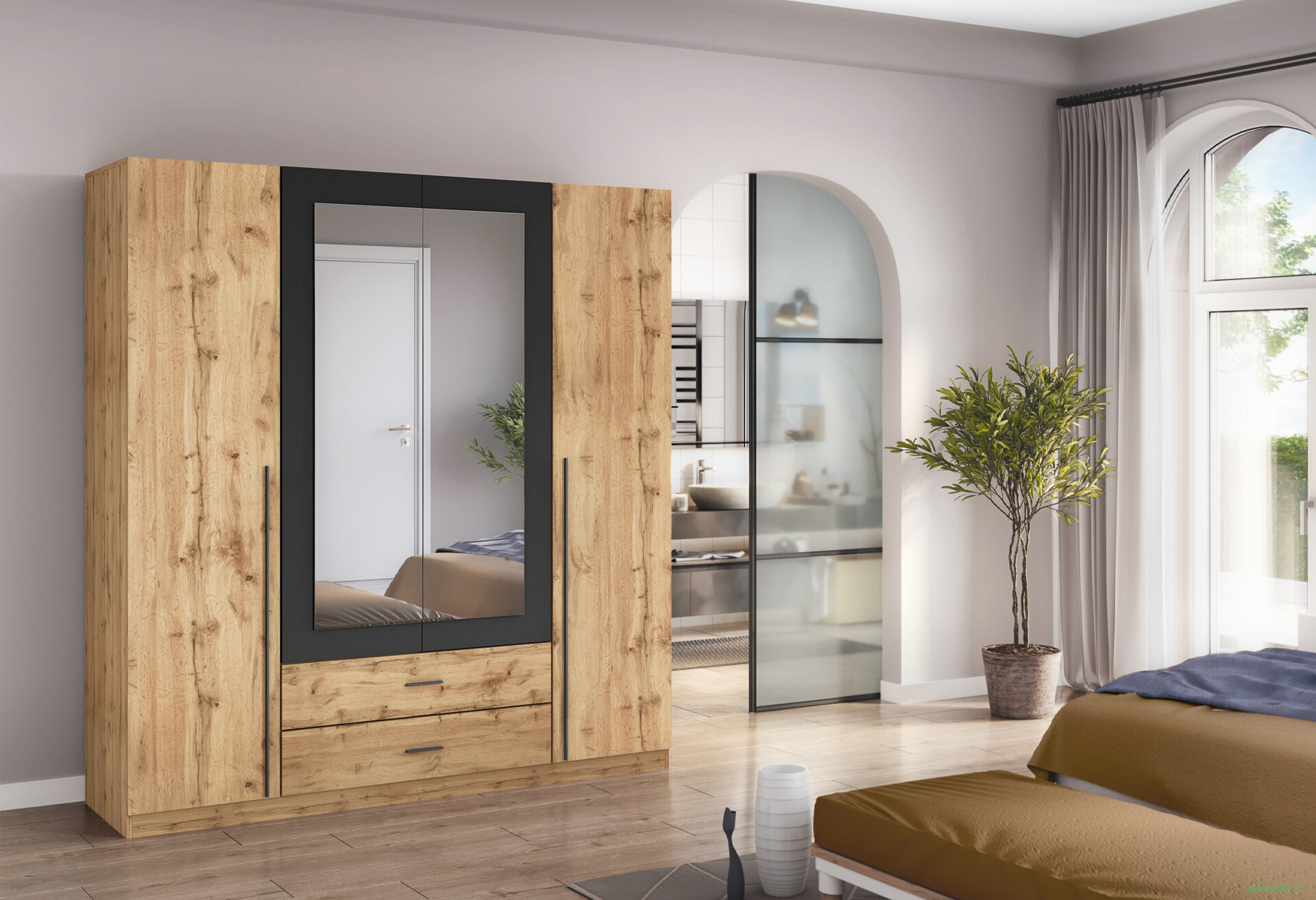 Шафа Київський стандарт Ліон 4Д2Ш 4-дверна з дзеркалом 181 см дуб аппалачі / антрацит - Зображення 2 Зображення 2 - Шафа Київський стандарт Ліон 4Д2Ш 4-дверна з дзеркалом 181 см дуб аппалачі / антрацит