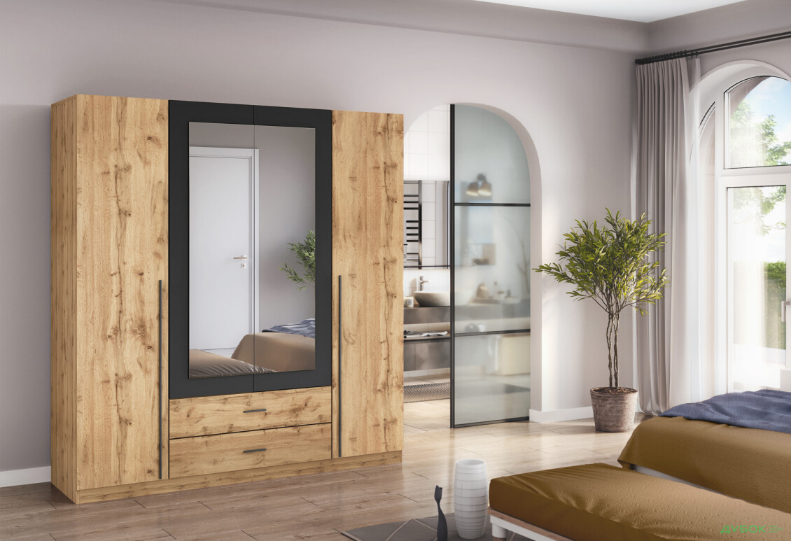 Шафа Київський стандарт Ліон 4Д2Ш 4-дверна з дзеркалом 181 см дуб аппалачі / антрацит - Зображення 2 Зображення 2 - Шафа Київський стандарт Ліон 4Д2Ш 4-дверна з дзеркалом 181 см дуб аппалачі / антрацит