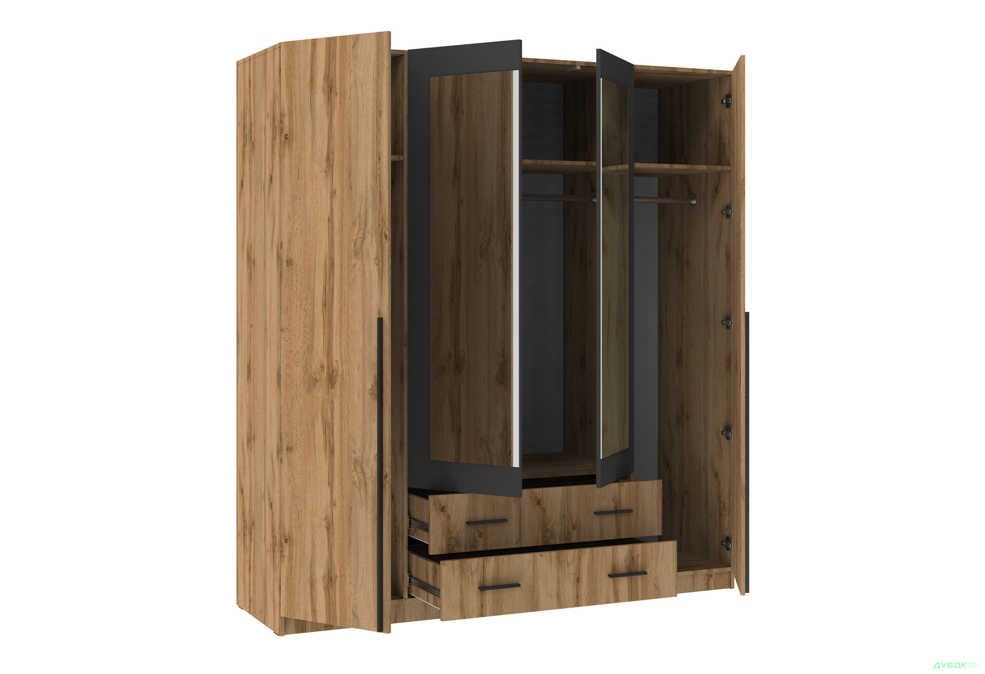 Шафа Київський стандарт Ліон 4Д2Ш 4-дверна з дзеркалом 181 см дуб аппалачі / антрацит - Зображення 3 Зображення 3 - Шафа Київський стандарт Ліон 4Д2Ш 4-дверна з дзеркалом 181 см дуб аппалачі / антрацит