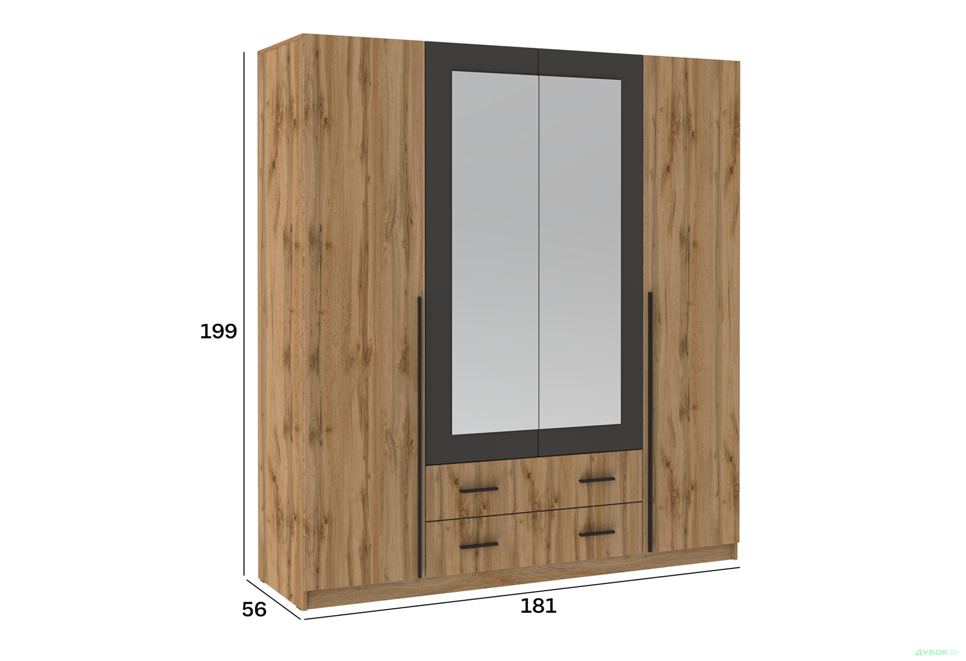 Шафа Київський стандарт Ліон 4Д2Ш 4-дверна з дзеркалом 181 см дуб аппалачі / антрацит - Зображення 4 Зображення 4 - Шафа Київський стандарт Ліон 4Д2Ш 4-дверна з дзеркалом 181 см дуб аппалачі / антрацит